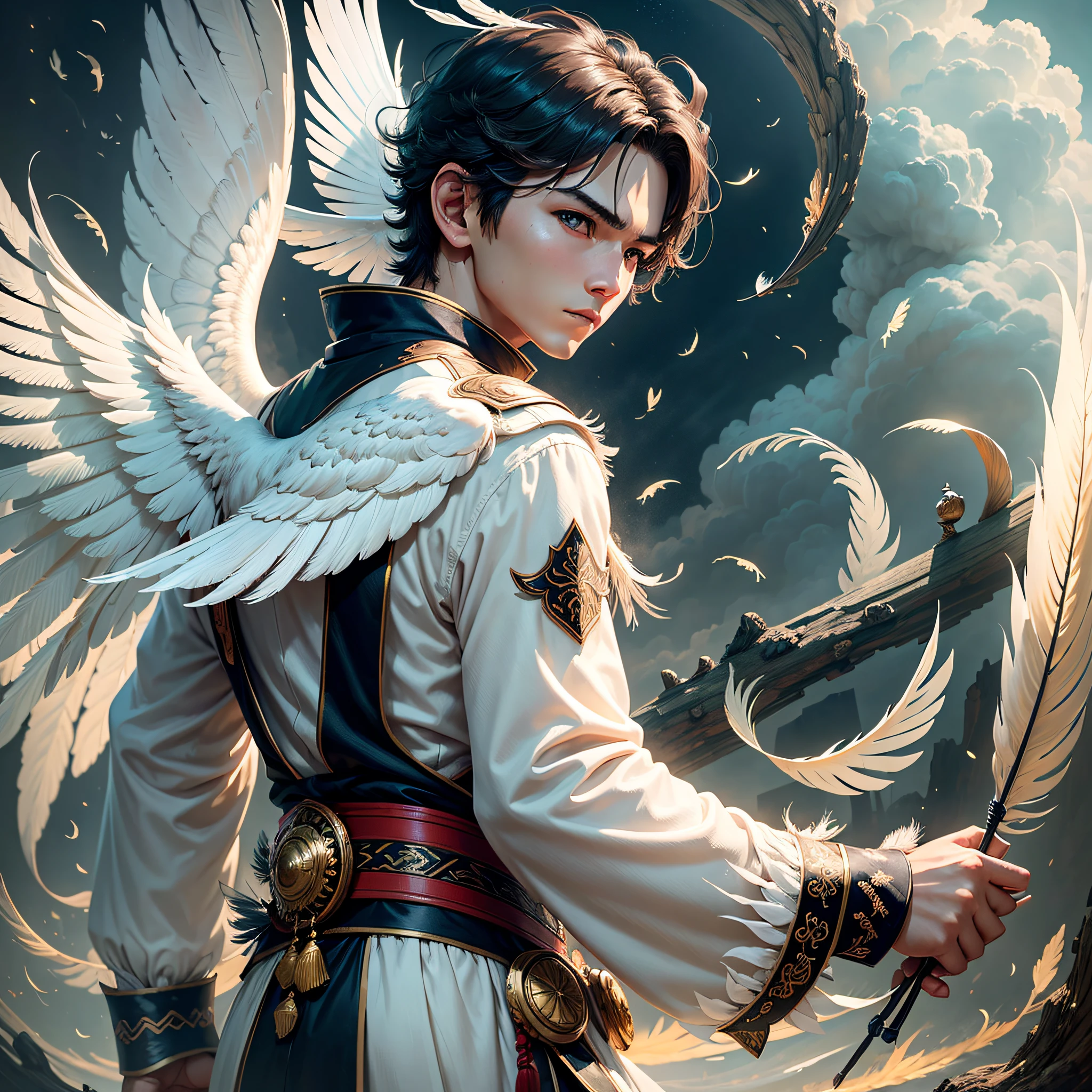 1boy, (8k, best picture quality, masterpiece: 1.4), final fantasy, (fantasy), (lighting), solo, white chinese chat, chinese clothes, (handle Feather Fan), feather, white cloth, cloud, eagle, wings --auto --s2