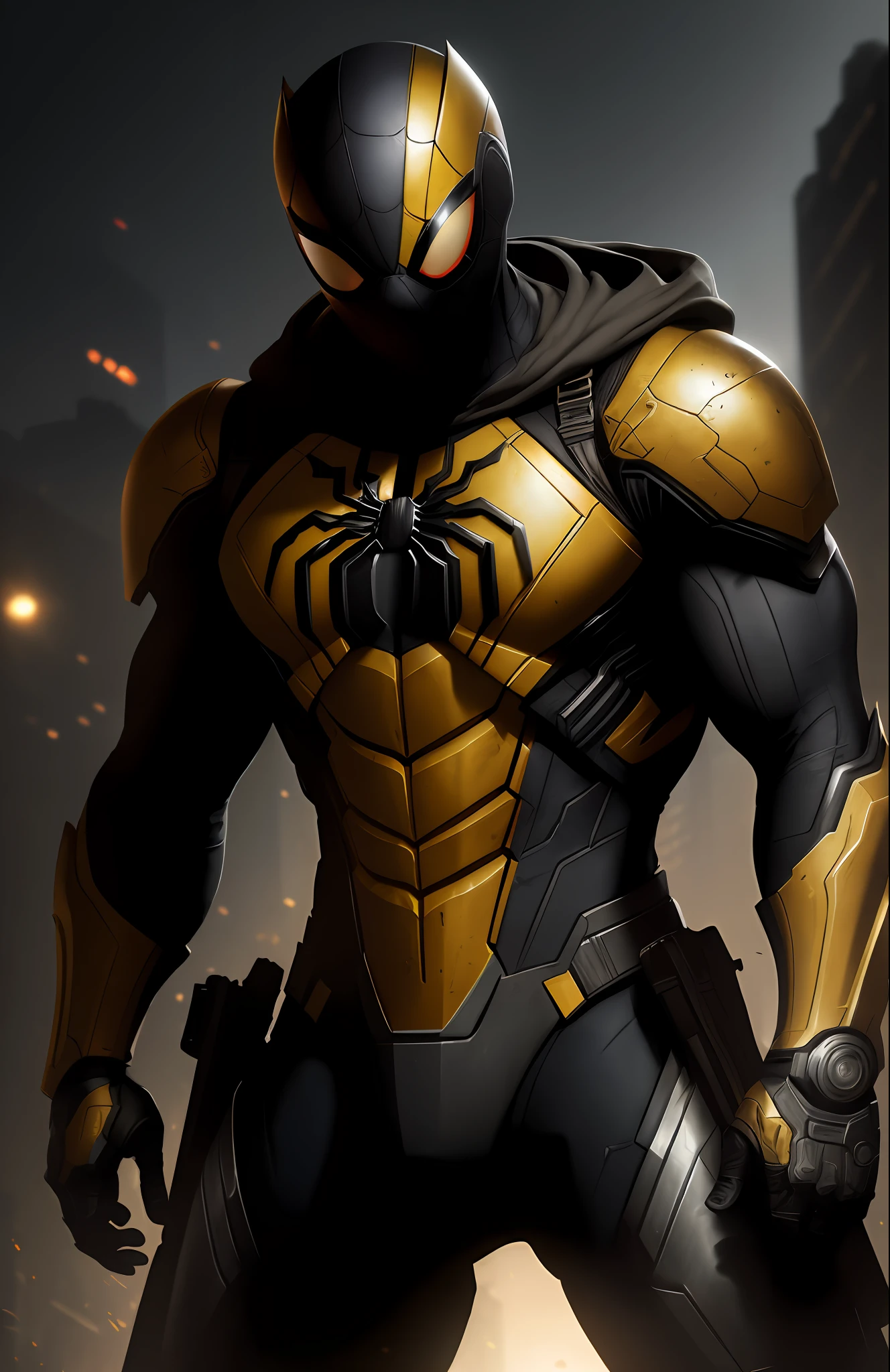 (dark shot: 1.1), epic realistic, Horseman of the Apocalypse Spider-Man from Marvel, yellow gradient, black, brown and magenta color scheme, grunge aesthetic!!! graffiti tag wall background, art by Greg Rutkowski and artgerm, soft cinematic light, Adobe Lightroom, darkroom, HDR, intricate, highly detailed, (depth of field: 1.4), faded, (neutral colors: 1.2), (hdr: 1.4), (muted colors: 1.2), hyper-detail (artstation: 1.4), cinematic, warm light, dramatic light (complex details: 1.1)