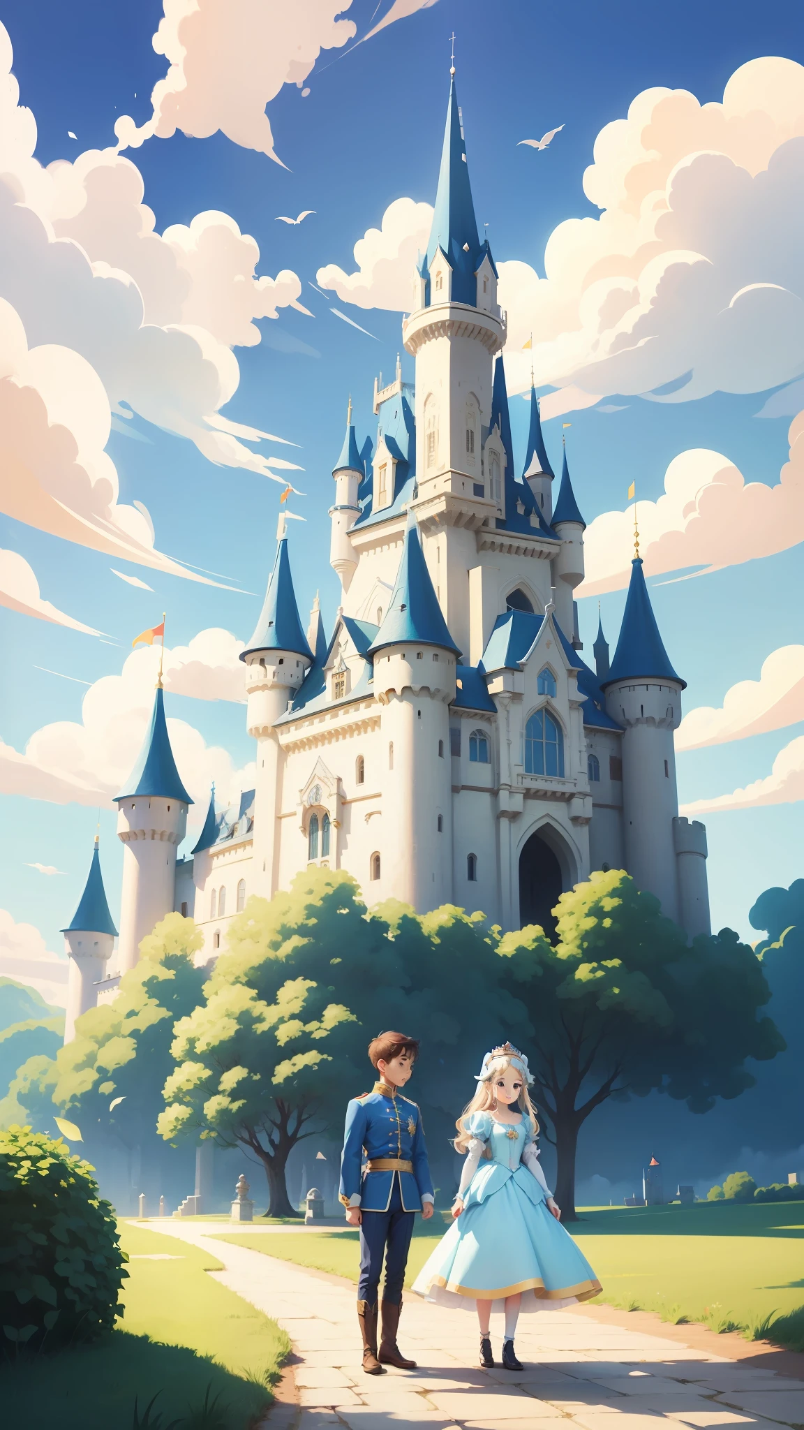 Illustration style, fresh, princess and prince standing in front of the castle, blue sky and white clouds, cute --auto --s2
