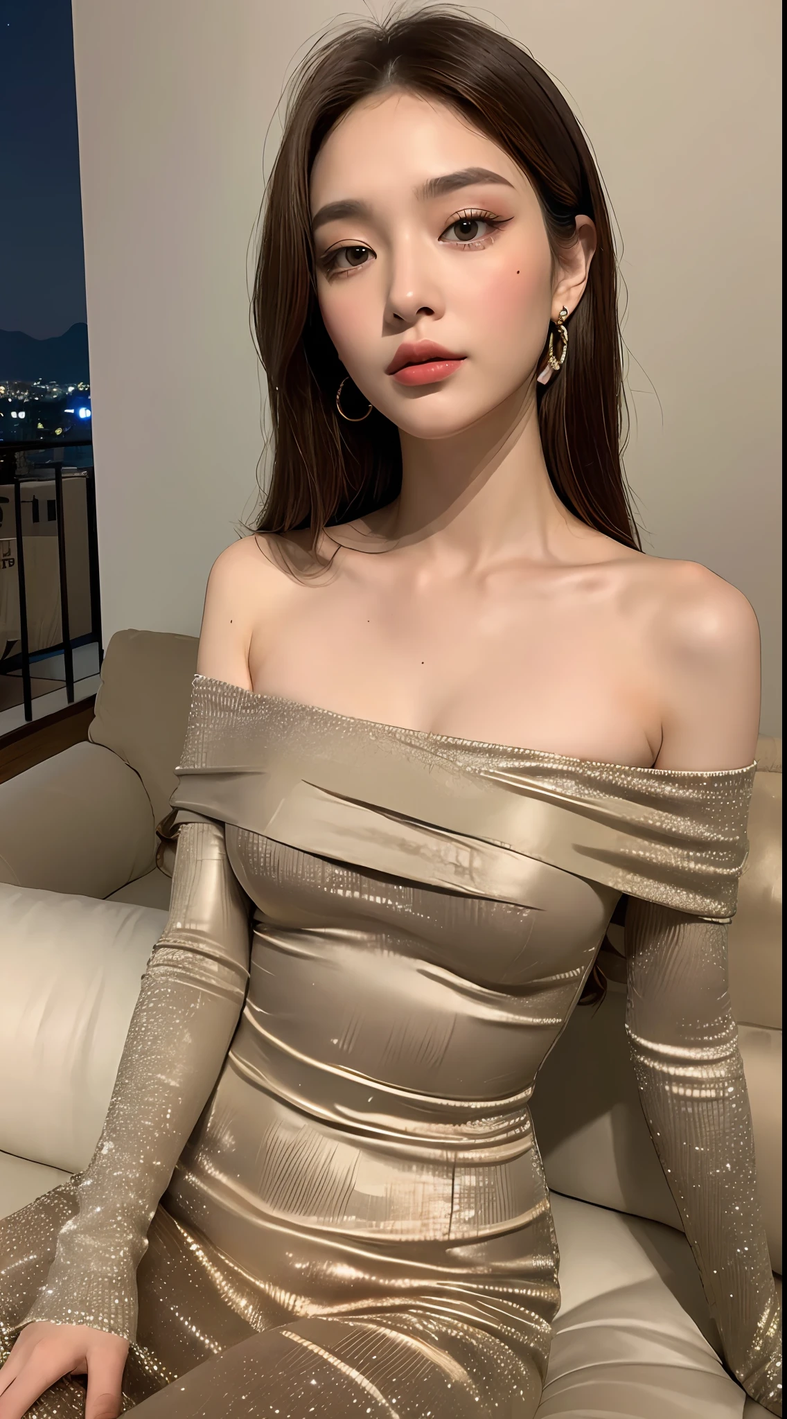 ((Night view, realistic light, best quality, 8k, masterpiece: 1.3)), 1girl, pretty woman with slim figure: 1.4, (brown hair, medium breasts: 1.3), off-the-shoulder cut top: 1.3, sofa, super detailed face, detailed eyes, double eyelids