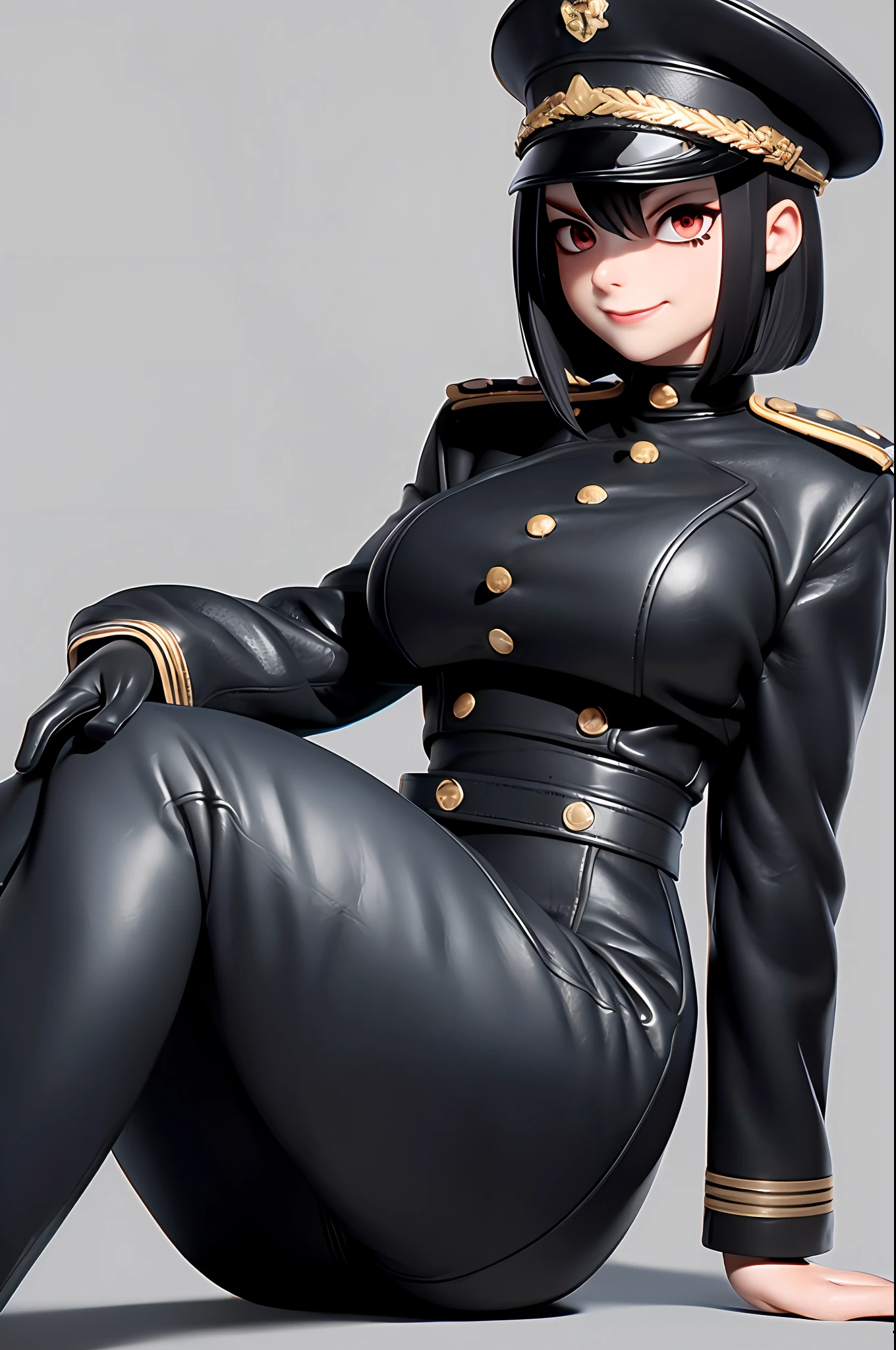 ((Masterpiece, superior quality, super definition, ultra definition)), Solo, Full Body, ({Only 1/27-year-old Gothic woman}):1), {((German Army Black Leather Official Uniform, Wearing a Black Army Leather Hat))):1.3), ((Wearing a Black Army Leather Hat)), ((Clear Expression of Body Lessness)), Looking at the Camera, (Sitting with His Back to the Wall and Knees bent),  female body, ((nipple tablets): 1.5), ((large bust):1.5), red eyes, ((black hair bob)), front zoom, horizontal seat, yandere, (strong makeup), constricted pupils, black pupils, dark, (detailed hands), tall woman, ((sadistic smile)), sharp focus, dynamic angle, deep shadows, simple background, ((SFW))