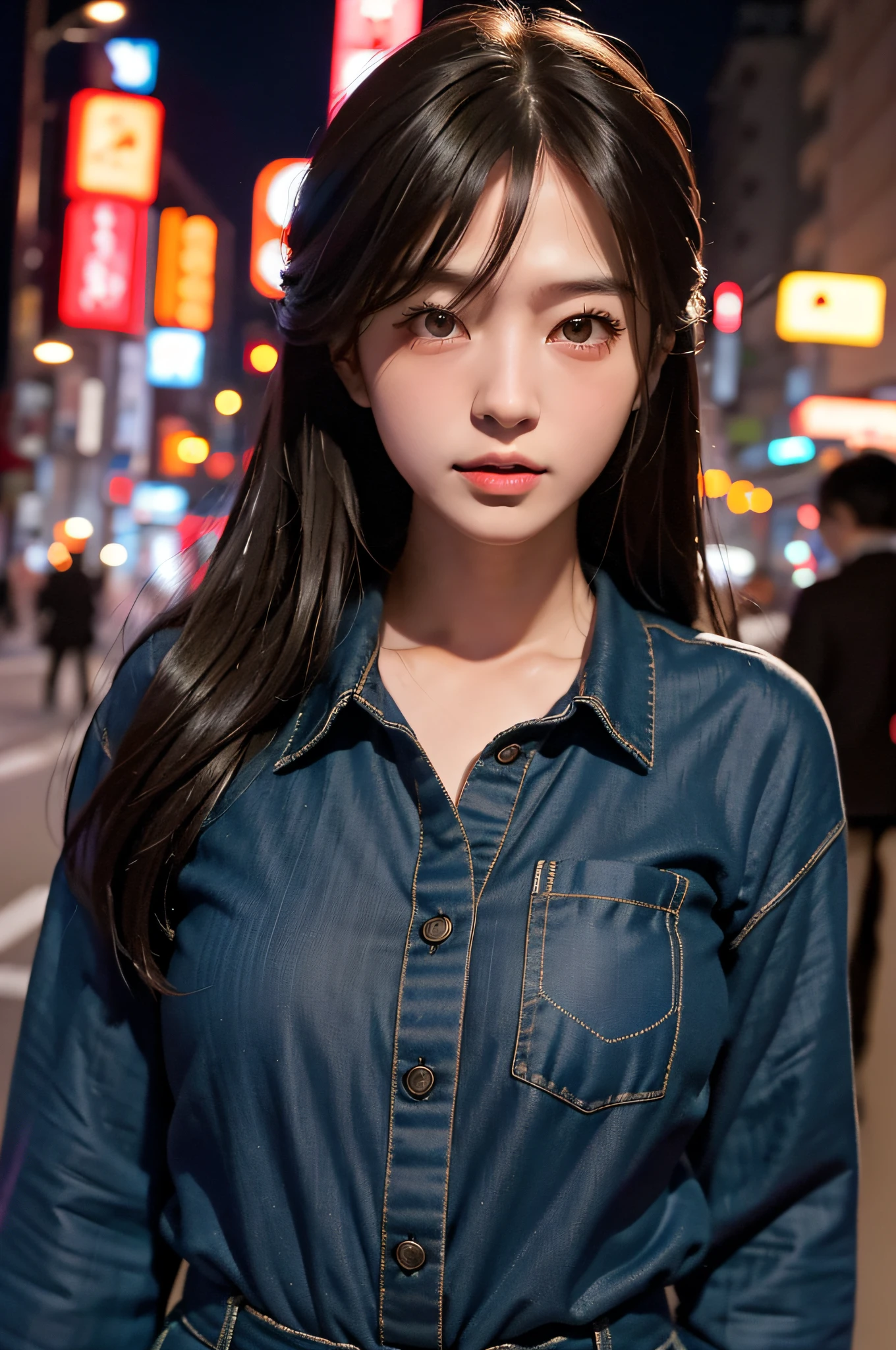 1girl, Tokyo street, night, cityscape, city lights, upper body, closeup, 8k, RAW photo, highest quality, masterpiece, realistic, photorealistic, Japan person model