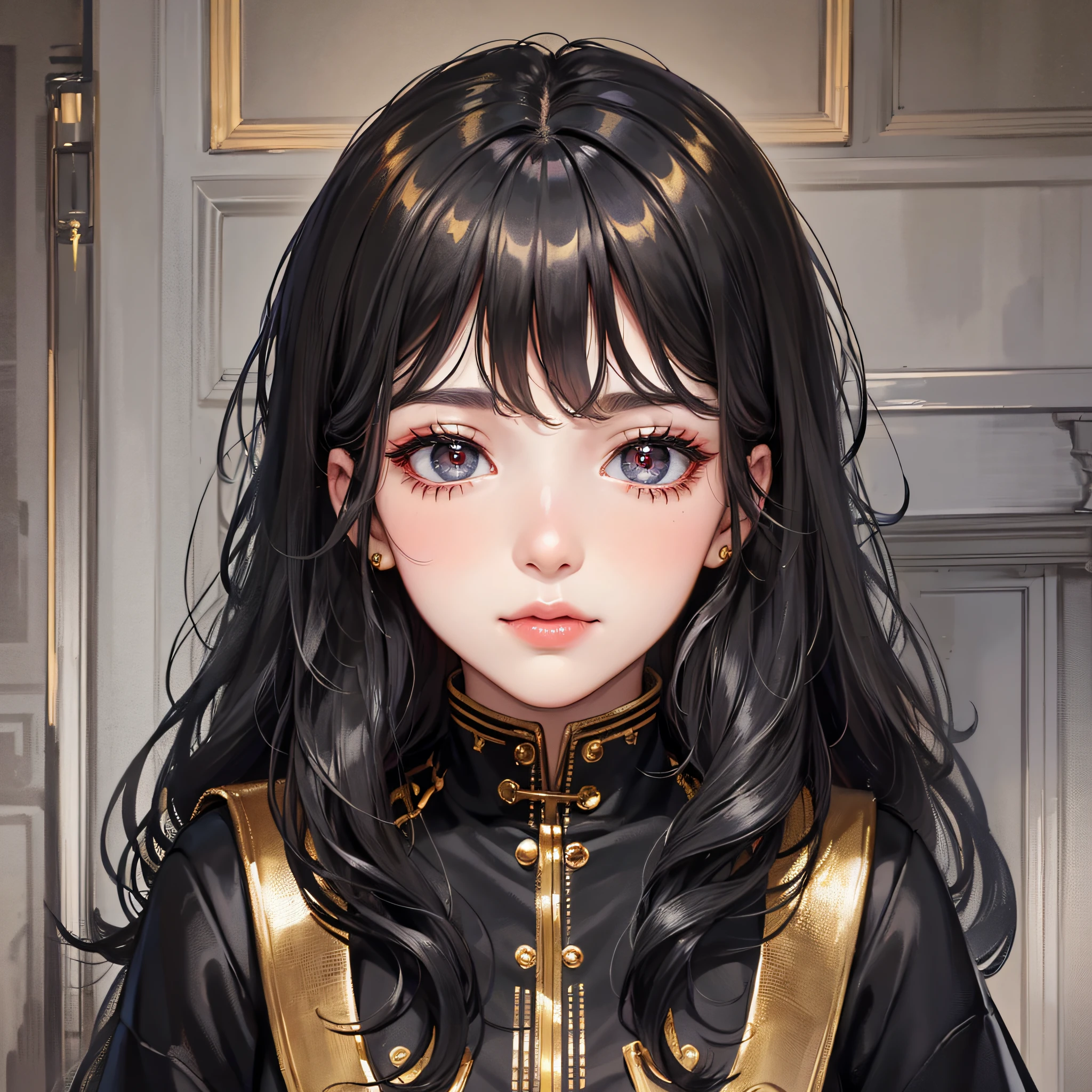 God, best quality, 1 woman, black hair slightly curly, black beautiful eyes, face without makeup, warm and charming, black dress with gold-rimmed red lines, all over --auto --s2
