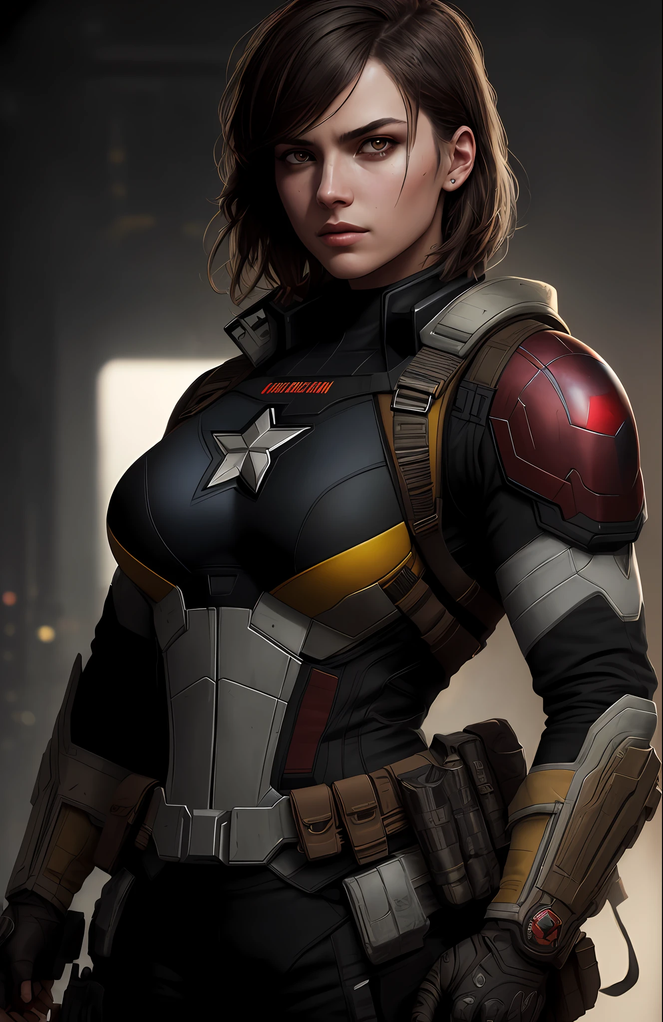 (dark shot: 1.1), epic realistic, Woman dressed as Captain America from Marvel, yellow gradient, black, brown and magenta color scheme, grunge aesthetics!!! graffiti tag wall background, art by Greg Rutkowski and artgerm, soft cinematic light, Adobe Lightroom, darkroom, HDR, intricate, highly detailed, (depth of field: 1.4), faded, (neutral colors: 1.2), (hdr: 1.4), (muted colors: 1.2), hyper-detail (artstation: 1.4), cinematic, warm light, dramatic light (complex details: 1.1)