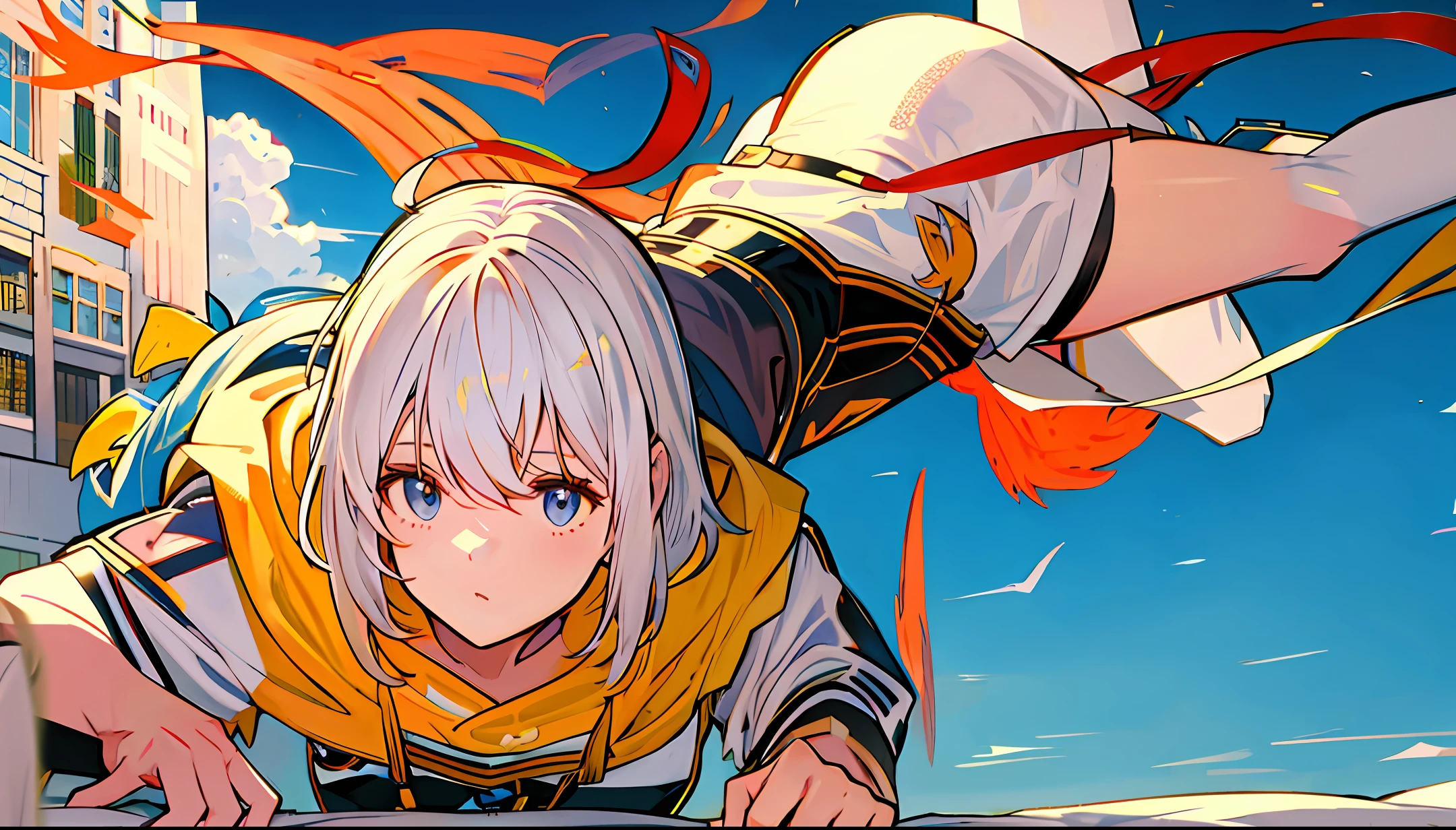 White-haired girl, comic storyboard, big perspective, falling, falling out of bed, the whole person is upside down