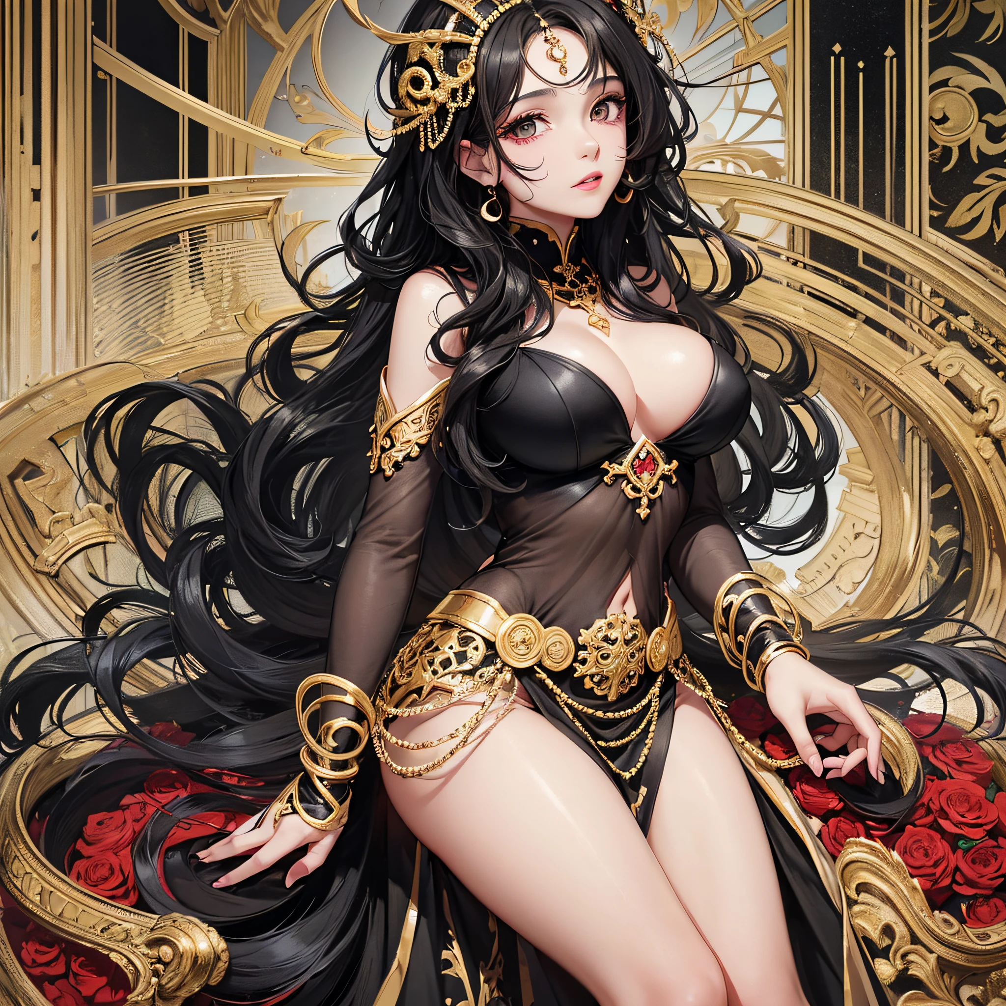 God, the best quality, 1 woman, black hair slightly curly, black beautiful eyes, face without makeup, warm and charming, black dress with gold-edged red lines, the whole body is about 170 --auto --s2