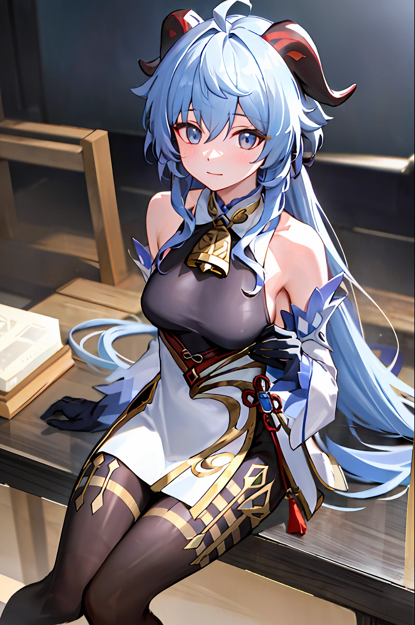 (photorealistic:1.4), (masterpiece, sidelighting, finely detailed beautiful eyes: 1.2), masterpiece*portrait, realistic, 3d face, 
ganyu \(genshin impact\), 1girl, ahoge, architecture, bangs, bare shoulders, bell, black gloves, black pantyhose, (blue hair), blush, breasts, chinese knot, detached sleeves, flower knot, gloves, horns, long hair, looking at viewer, medium breasts, neck bell