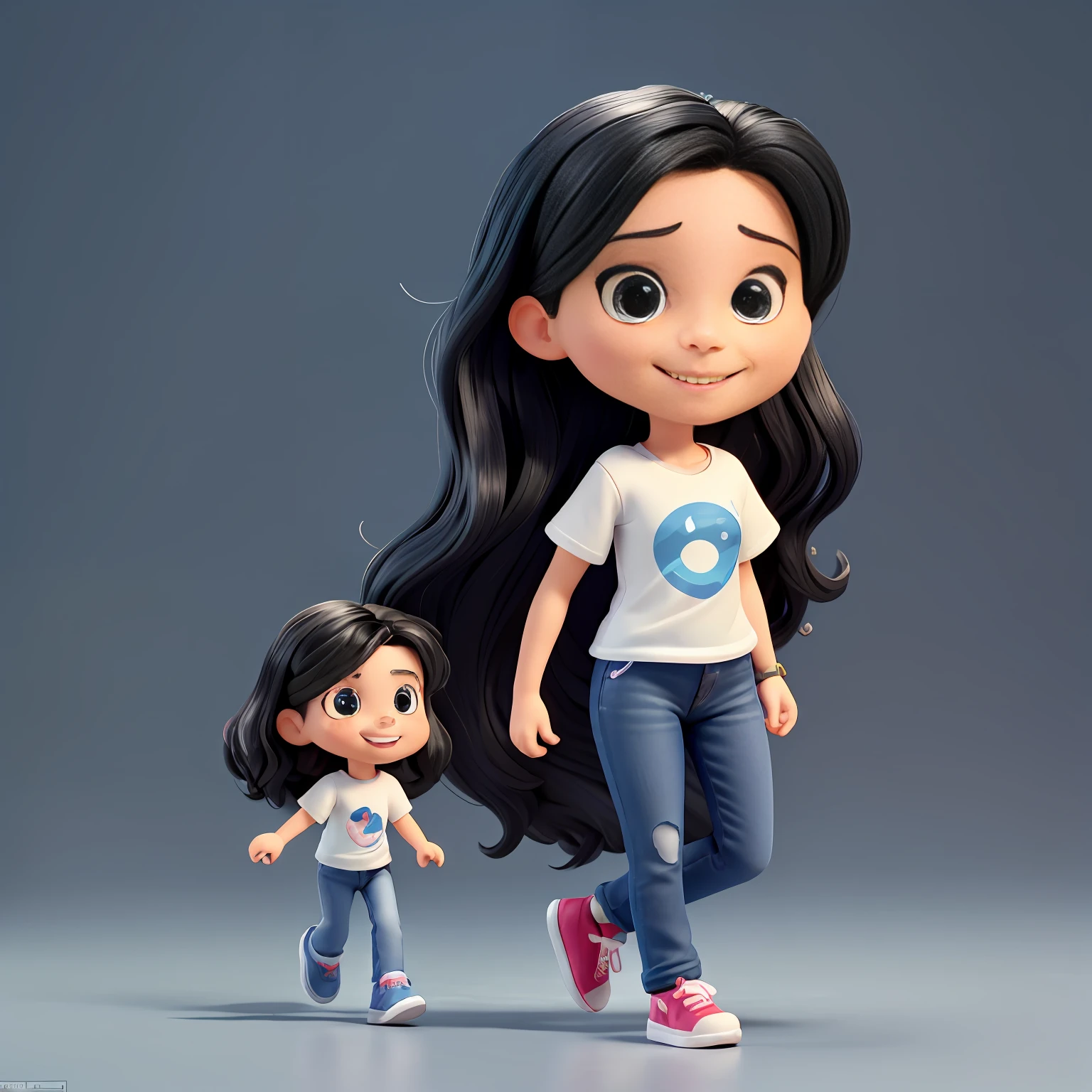 Toy figures, Cute and adorable cartoon tom holland girl , 42-years-old, long straight black hair, big dark eyes，smile，big breast, Wearing white T-shirt and dark blue jeans and black running shoes，daning, jump up happily， full body view, fantasy, dreamlike, surrealism, super cute, trending on artstation