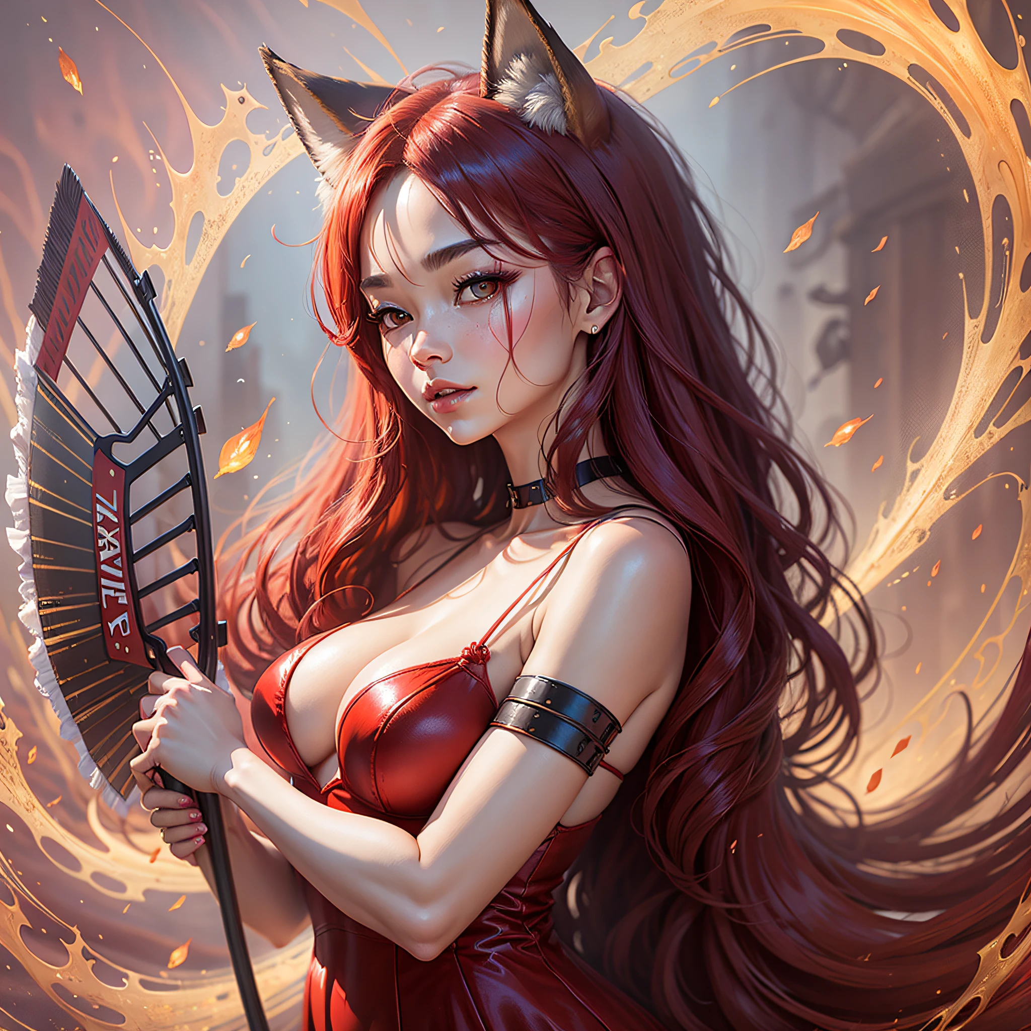 Fox demon, red dress, dewy multi-body good, holding a fan, enchanting, golden big waves --auto --s2