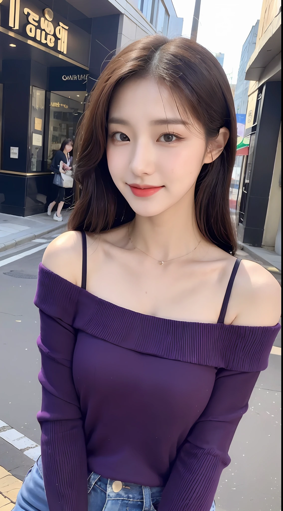 (1 Korean star with royal sister style), ((best quality, 8k, masterpiece: 1.3)), focus: 1.2, perfect body beauty: 1.4 , (smile), (Street: 1.3), highly detailed face and skin texture, fine eyes, double eyelids, whitening skin, (big wave hairstyle: 1.3), (round face: 1.5), (purple off-the-shoulder top: 1.4),