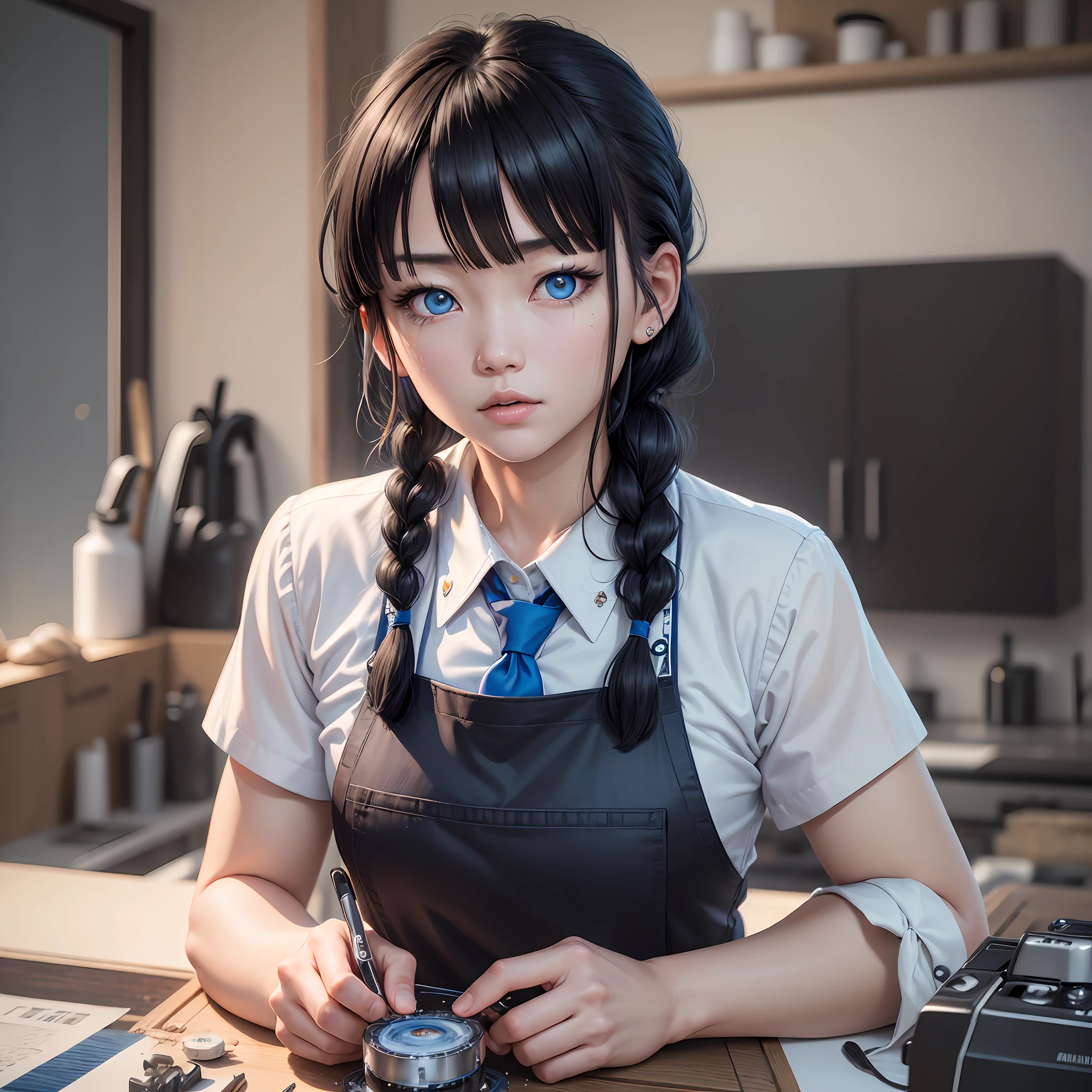 Masterpiece, (Realism: 1.4), Best Quality, Beautiful Lighting, (Ulzzang-6500:0.5), Makima \ (Chainsaw Man\), Aki Hayakawa, (Black Hair) + (Braid) + (Bangs), Blue Eyes, Blue Eyes, ((Eye Circles)), (White Shirt), (Tie), RAW Photo, 8K UHD, Film Granules --auto --s2