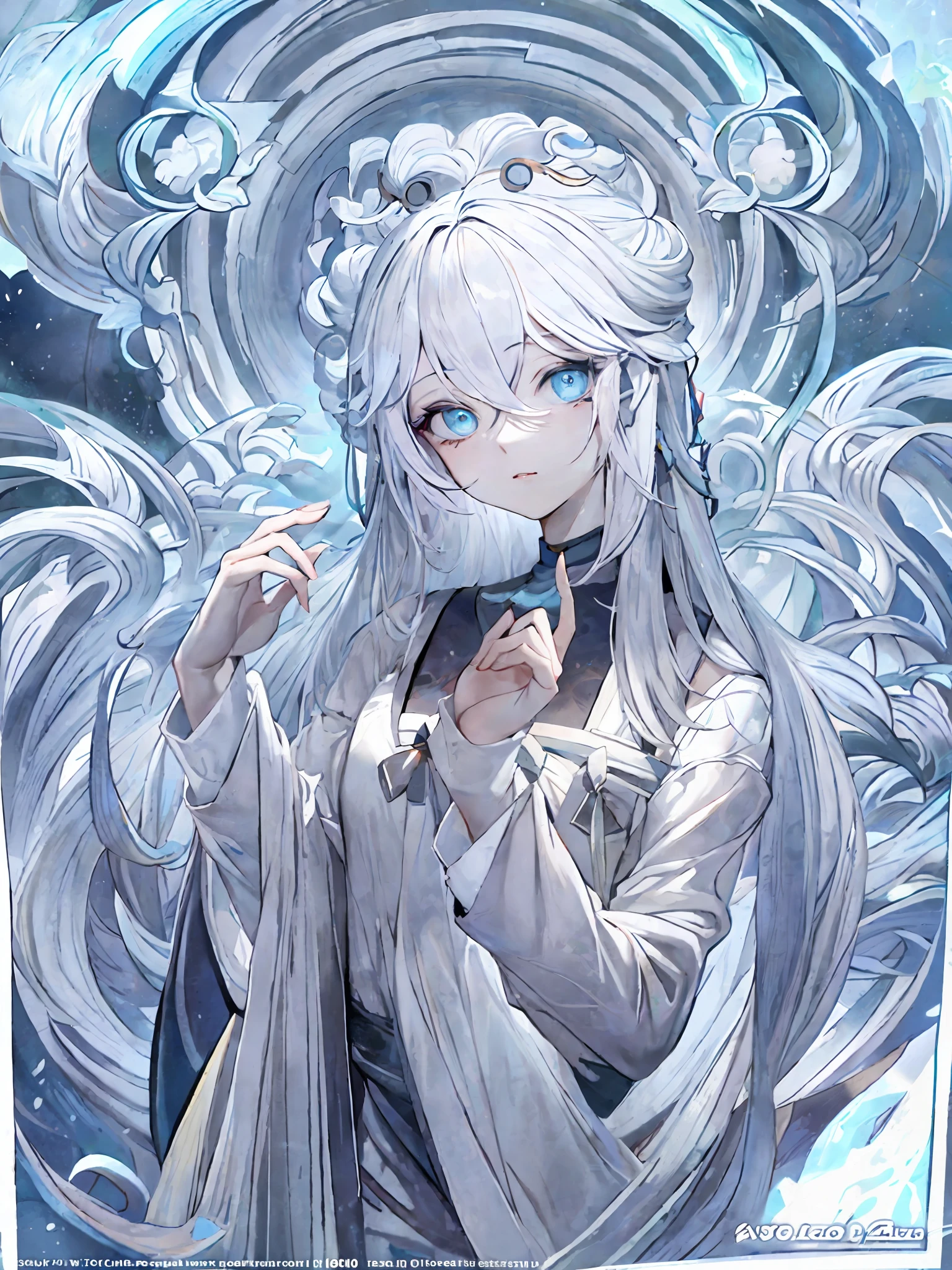 A pixiv competition winner, fantasy art, white-haired god, beautiful character painting, guvez style artwork, dazzling gaze of Yuki Onna, guweiz, long white hair, flowing hair and robes, cute big eyes, illustrations, fine lines, deep color