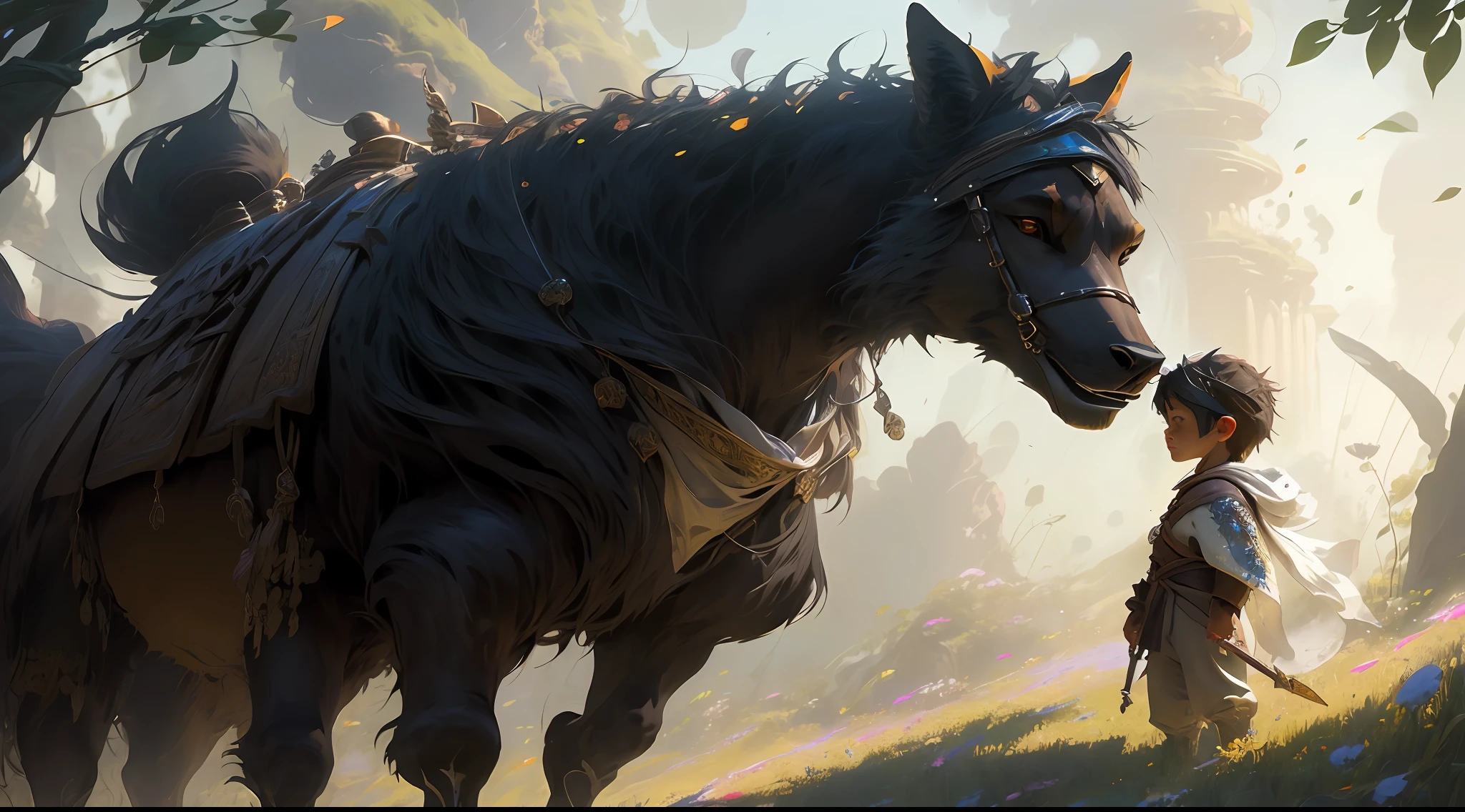 A 5 year old little boy in the flowers, little wolf and little fox around the boy, atmospheric distance sense, full body picture, epic fantasy digital art style, epic fantasy art style HD, epic fantasy art style, detailed fantasy digital art, epic fantasy style art, epic exquisite character art, 4K fantasy art, 2. 5 D CGI anime fantasy artwork with boy wearing a flower on his head, photo of the most beautiful artwork in the world with a soft sheen, ((epic heroic fantasy, great location, majestic environment), full body 8k uniform rendering, action shot, skin pores, heavy shadows, detailed, detailed face, (vibrant, photo realistic, realistic, dramatic, dark, sharp focus, 8k), (Complex: 1.4), Decadence, (High Detail: 1.4), Digital Painting ArtStation, Concept Art, Smooth, Sharp Focus, Illustration, Artgerm Art, (Loish: 0.23), Wlop Ilya Kuvshinov, and Greg Rutkowski and Alphonse Mucha Gracias, (Global Illumination, Studio light, volumetric light), particle floating,