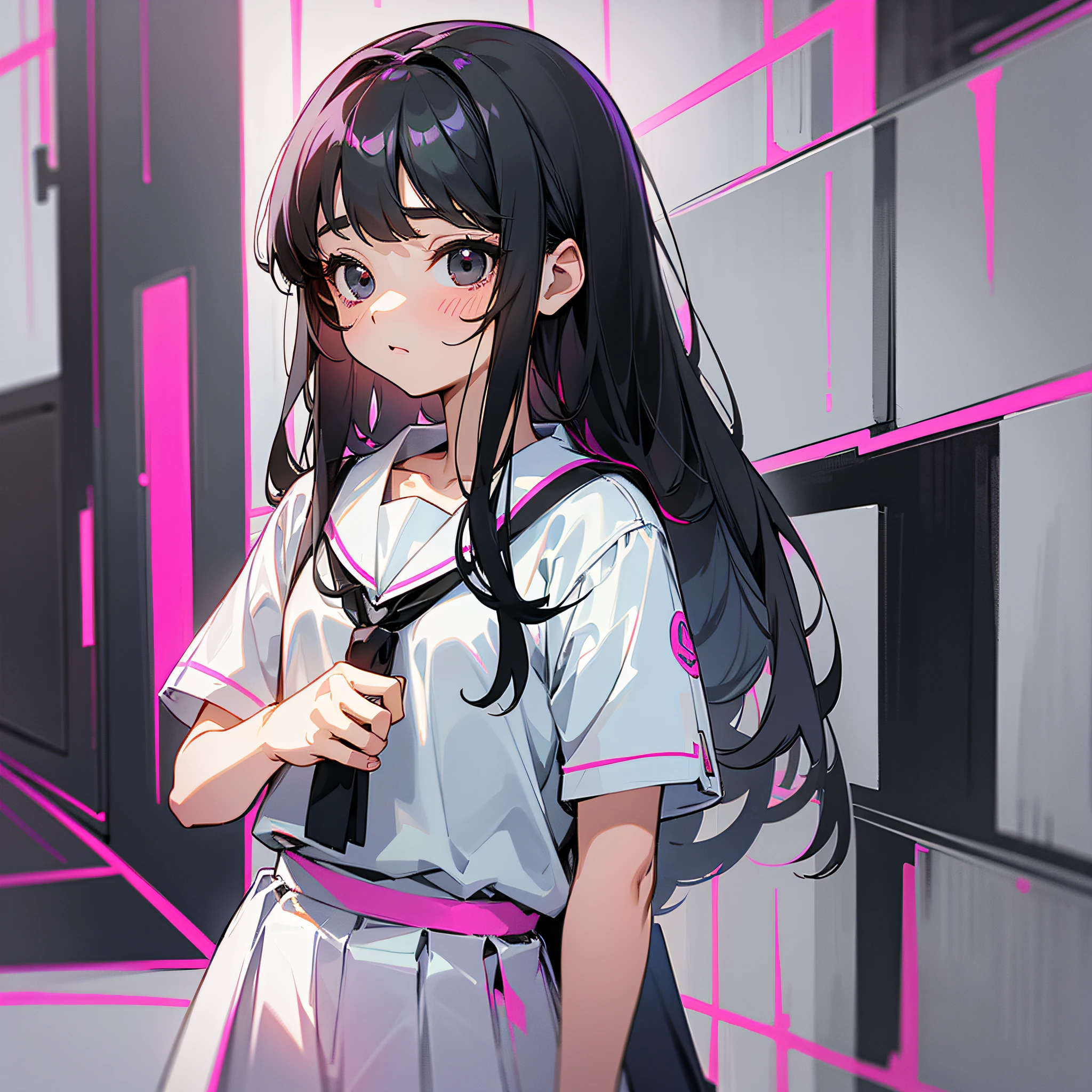God, cute 12-year-old woman, black eyes, long black hair tied up, white skirt pink lines, youthful, very white, very thin, little exposed, about 160 all over the body