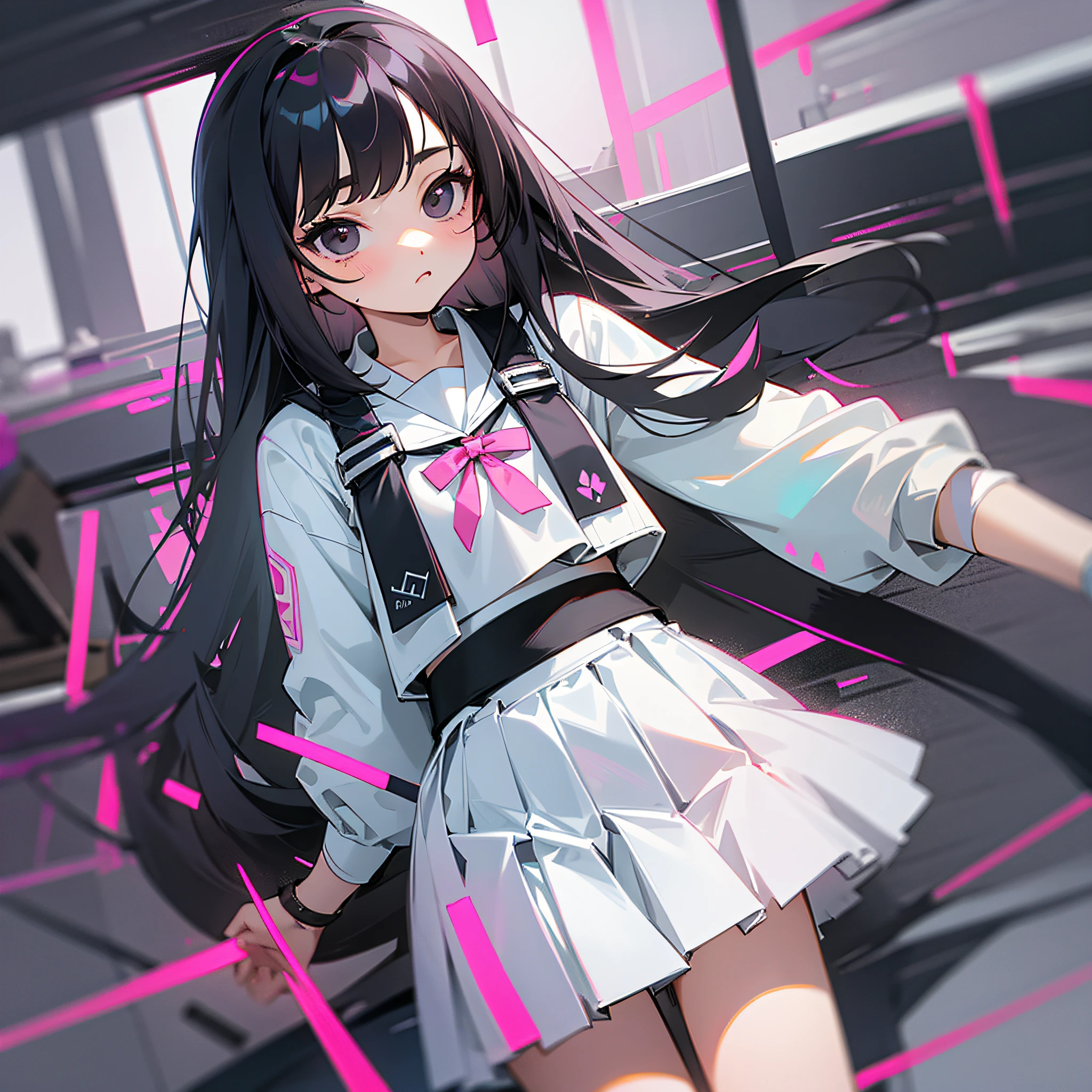 God, cute 12-year-old woman, black eyes, long black hair tied up, white skirt pink lines, youthful, very white, very thin, little exposed, about 160 all over the body