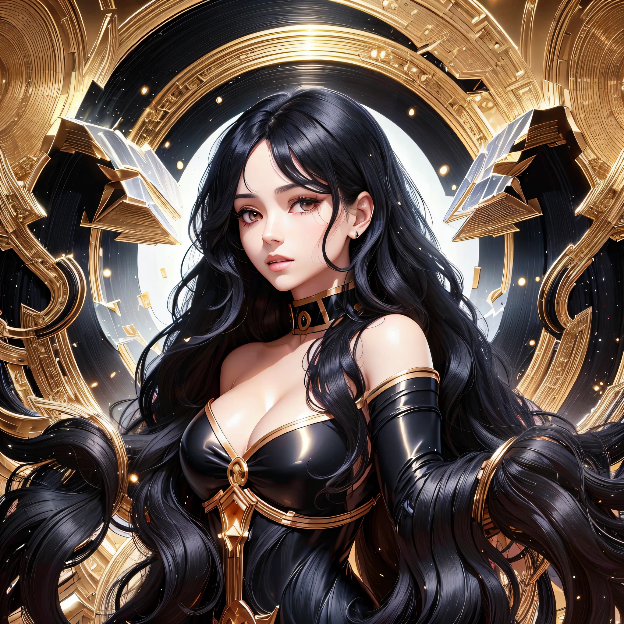God, the best quality, 1 woman, long black hair slightly curly, black beautiful eyes, face without makeup, warm and charming, black dress with gold-rimmed red lines, the whole body is about 170, showing less body is not very good