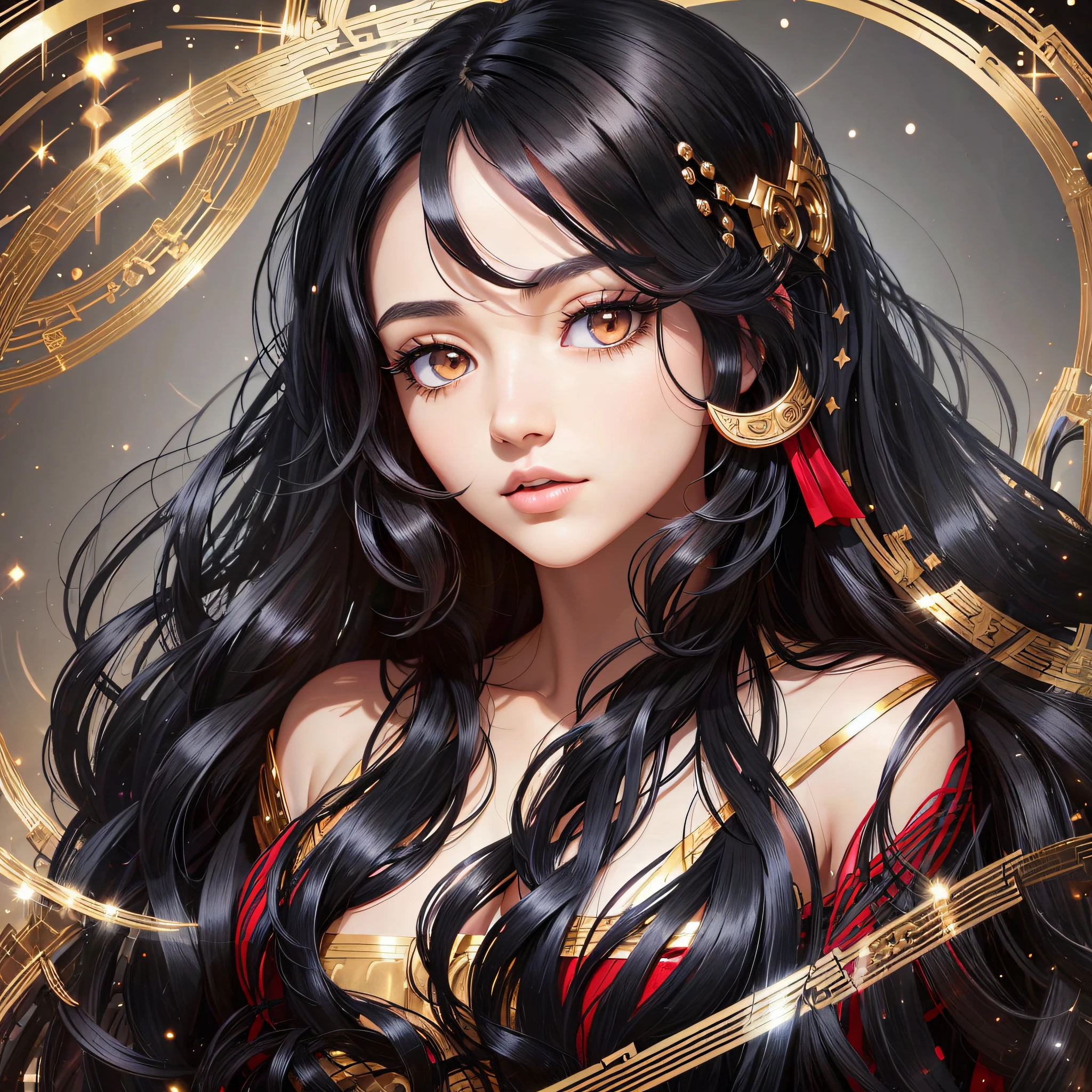 God, the best quality, 1 woman, long black hair slightly curly, black beautiful eyes, face without makeup, warm and charming, black dress with gold-rimmed red lines, the whole body is about 170, showing less body is not very good