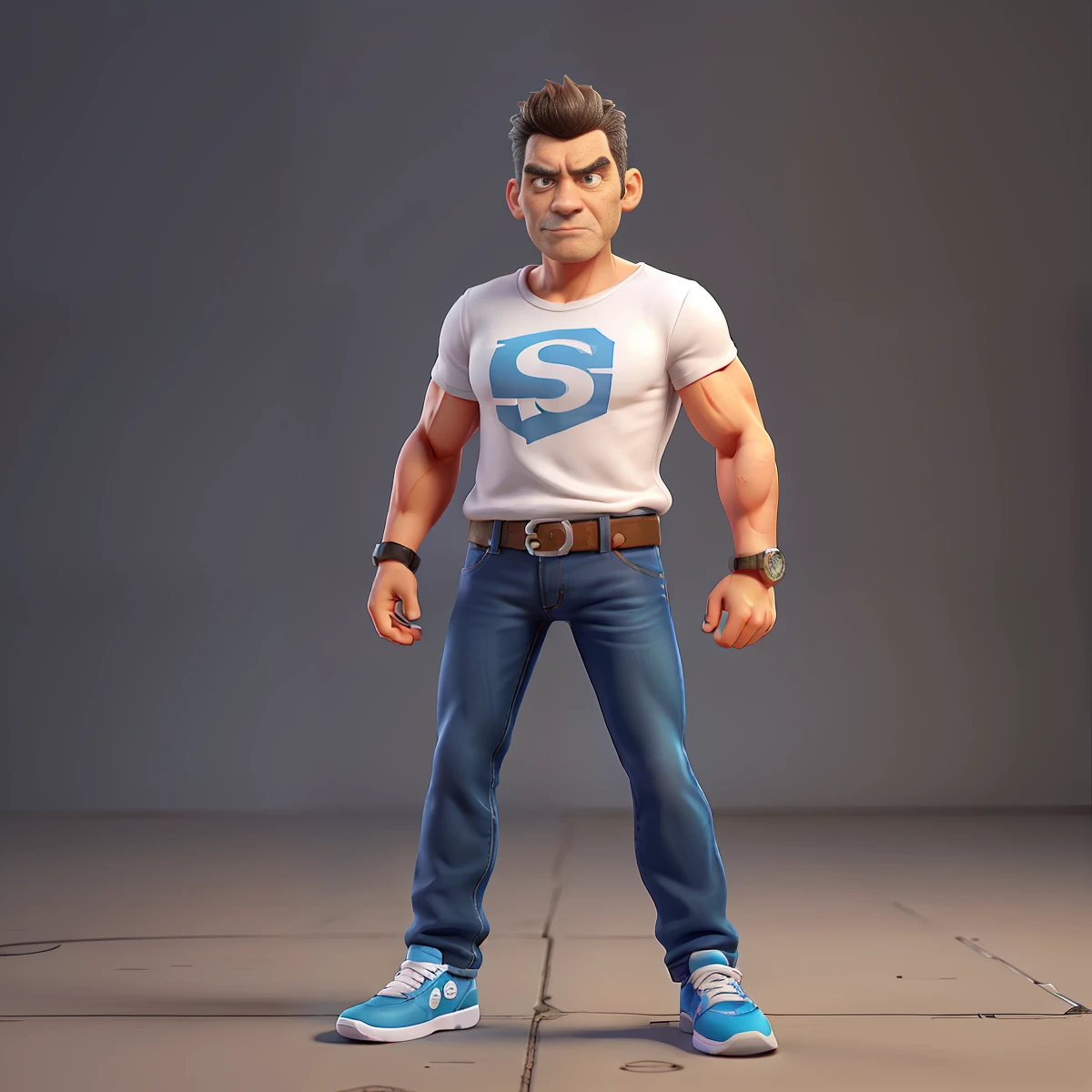 Cute small 47-years-old male Fashion Artist , super short hair，Killer eye, highly detailed eyes，front-facing, casual wear ,muscular , angry mood，fit, Wearing white T-shirt and dark blue jeans and black running shoes， looks like a boss, full body view, highly detailed hands ，Toy figures,best quality, 3d cartoon，full body view, fantasy, dreamlike, surrealism, super cute, trending on artstation