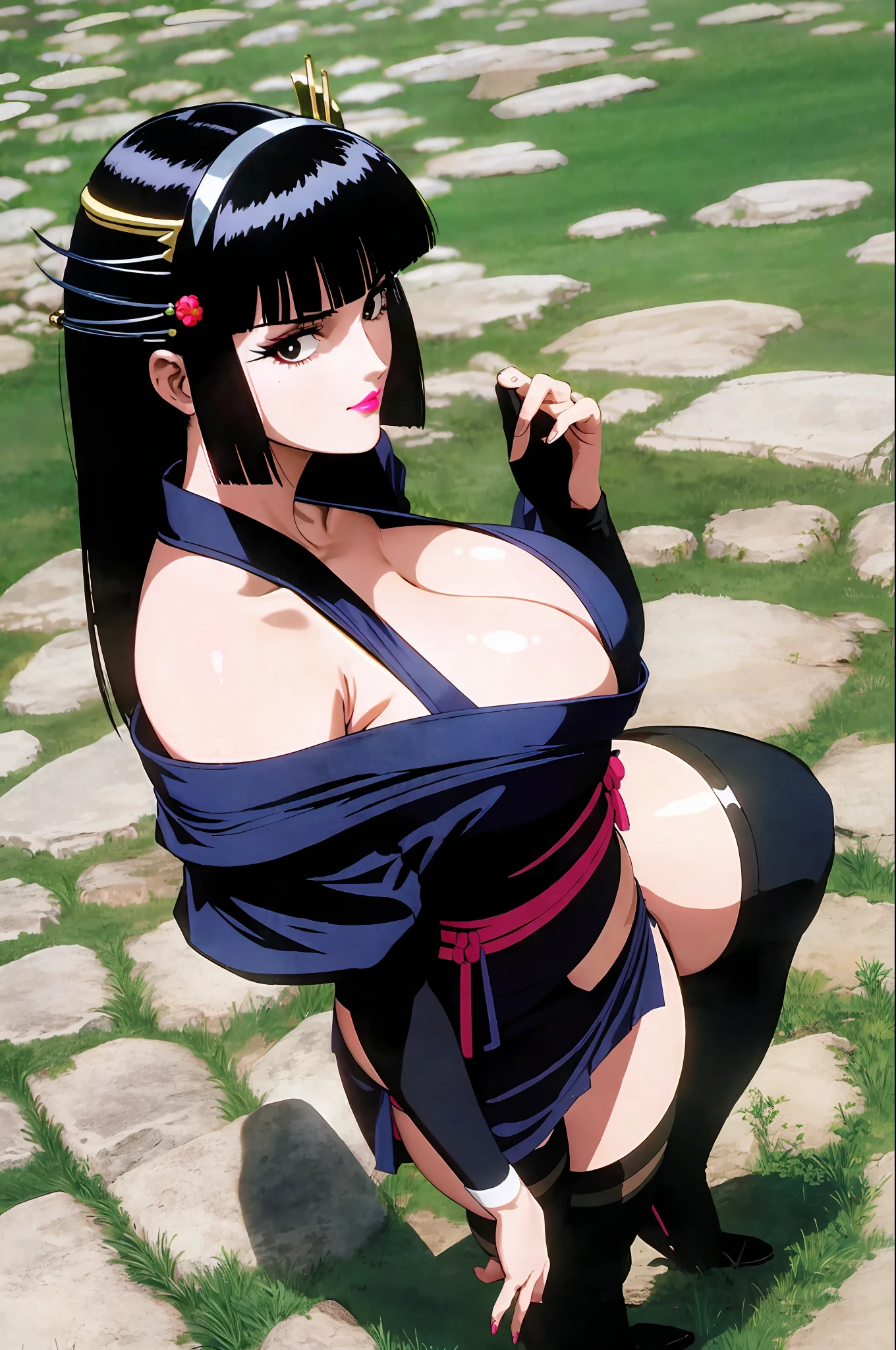 (Masterpiece, Best Quality:1.3), absurdres,(Ultra-detailed portrait), 2d, (Traditional Media:1.2, NinjaScroll), fantasy, Manga, (best illustration), official art, (thick lineart), retro artstyle, centered, wide shot, extremely detailed mature female, ((1girl)), solo, upper body, (dutch angle, full body), beautiful, (looking at viewer), detailed eyes, gorgeous, lose up:0.2, (full angle view), perfect face, dark skin, eye contact, focus face, perfect face, lips, (lipstick:1.2), (black eyes, eyelashes:1.2), smile, black hair, long hair, hair stick, hair ornament, bangs, serious, Ninja, obi, short kimono, bare shoulders, medium breasts, fishnet sleeves, hand on own face, lovely, thick arms:0.2, fishnet thighhighs, stylish, standing, flowers in foreground, pose, (perfect female figure:1.2), shadows, dynamic, cinematic, sharp focus, (Details:1.2), (depth of field), scenery, fireflies, pink, petals, field, day, grass, nature, (indoors, sunlight:1.3), tree, animal, (highly detailed), film grain:0.6, (shiny), intricate design, 85mm, ((volumetric lighting)), high contrast:0.3, glowing:0.7, (dramaticL1.2), particles, anime screen:1.1, 90's anime style, green theme, extremely detailed background, (sharp focus),