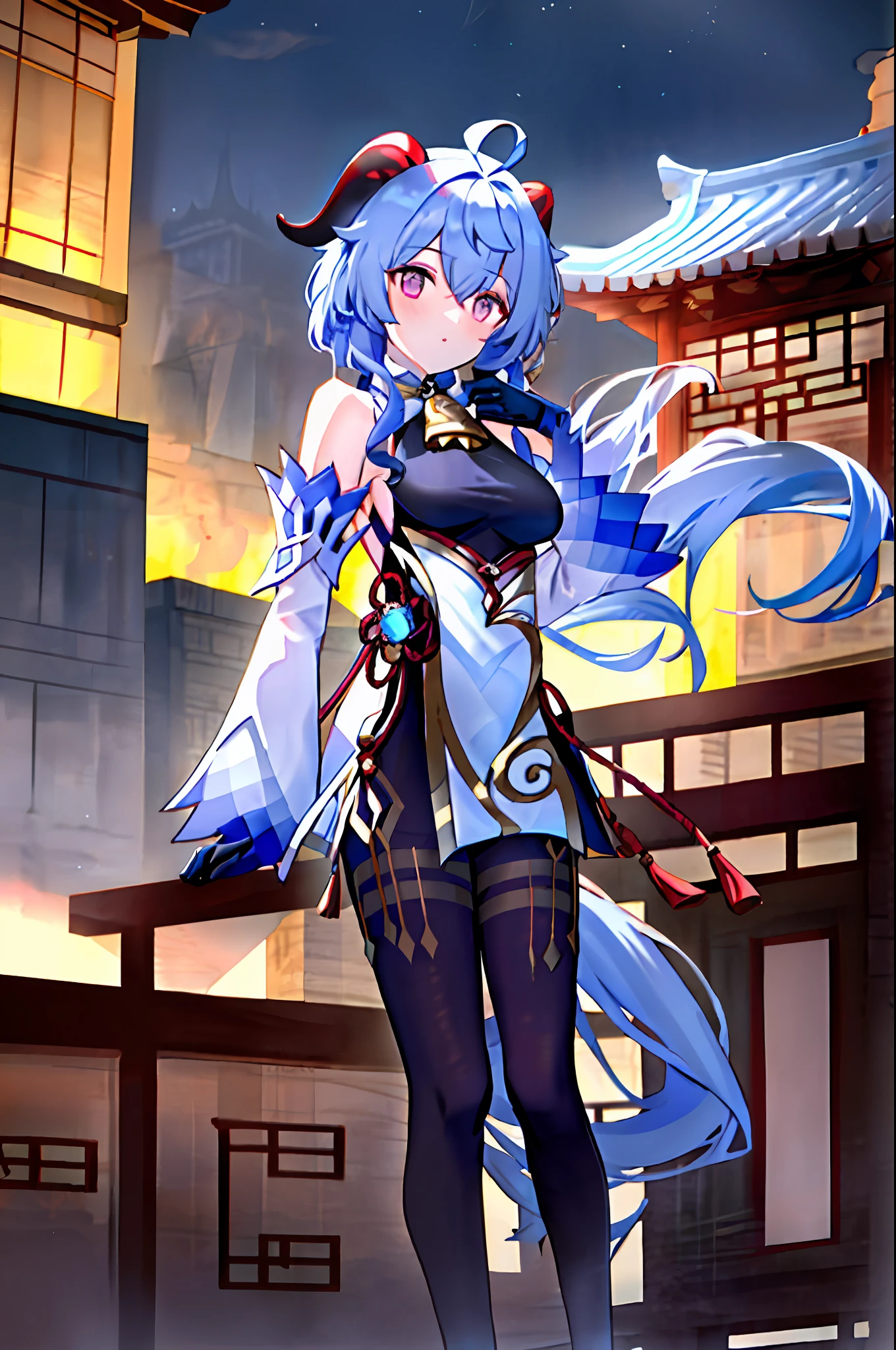 ganyu\(genshin impact\), 1girl, ahoge, architecture, bangs, bare shoulders, bell, black gloves, black tights, ((blue hair), blush, breasts, chinese knot, sleeve, East Asian architecture, flower knot, glove, horn, long hair, looking at the audience, medium chest, neckbell, night, outdoor, pantyhose, purple eyes, sideburns, solo, tassels, white sleeves, ((masterpiece))