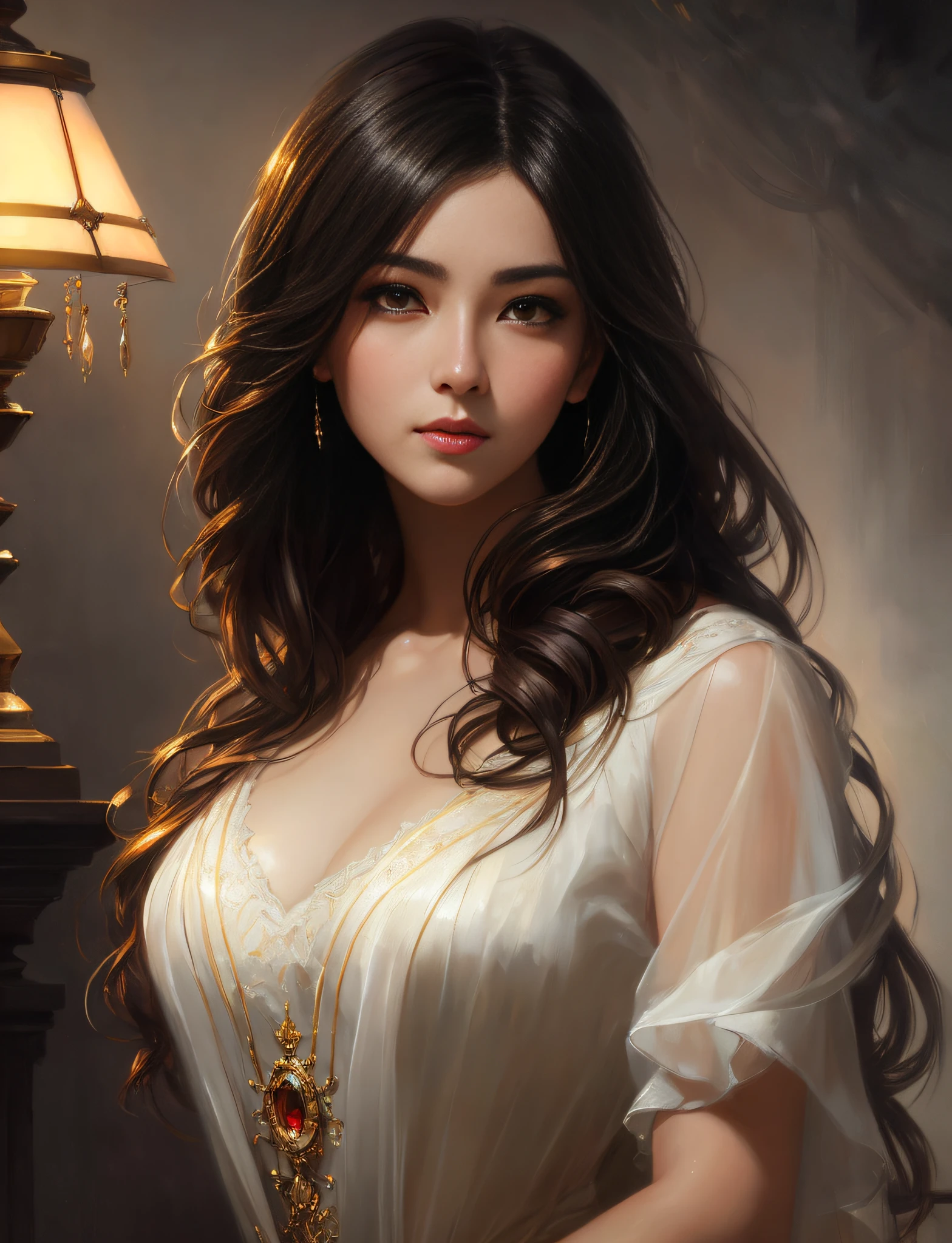 masterpiece painting made by artgerm of a woman, dramatic glowing soft lighting, wallpaper, smooth, High quality, Centered, Illustration, Details, Portrait, oil painting, 🎨, dark hair, by Pino Daeni