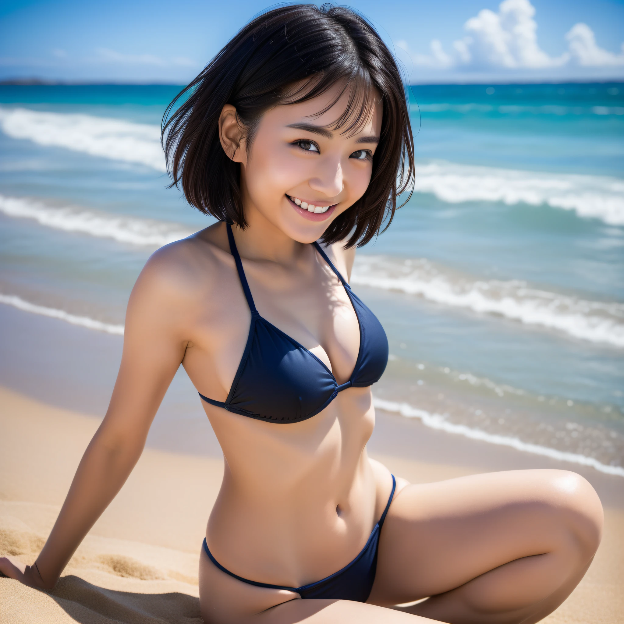 ((Best Quality, 8K)), Sandy Beach, Blue Sky, Cinema Lighting, Young Skinny Gravure Idol, Japan People, Black Hair, Short Hair, No Makeup, Realistic Skin, Smiling Face, Open Legs, Detailed Eyes, Bikini, Background Blur