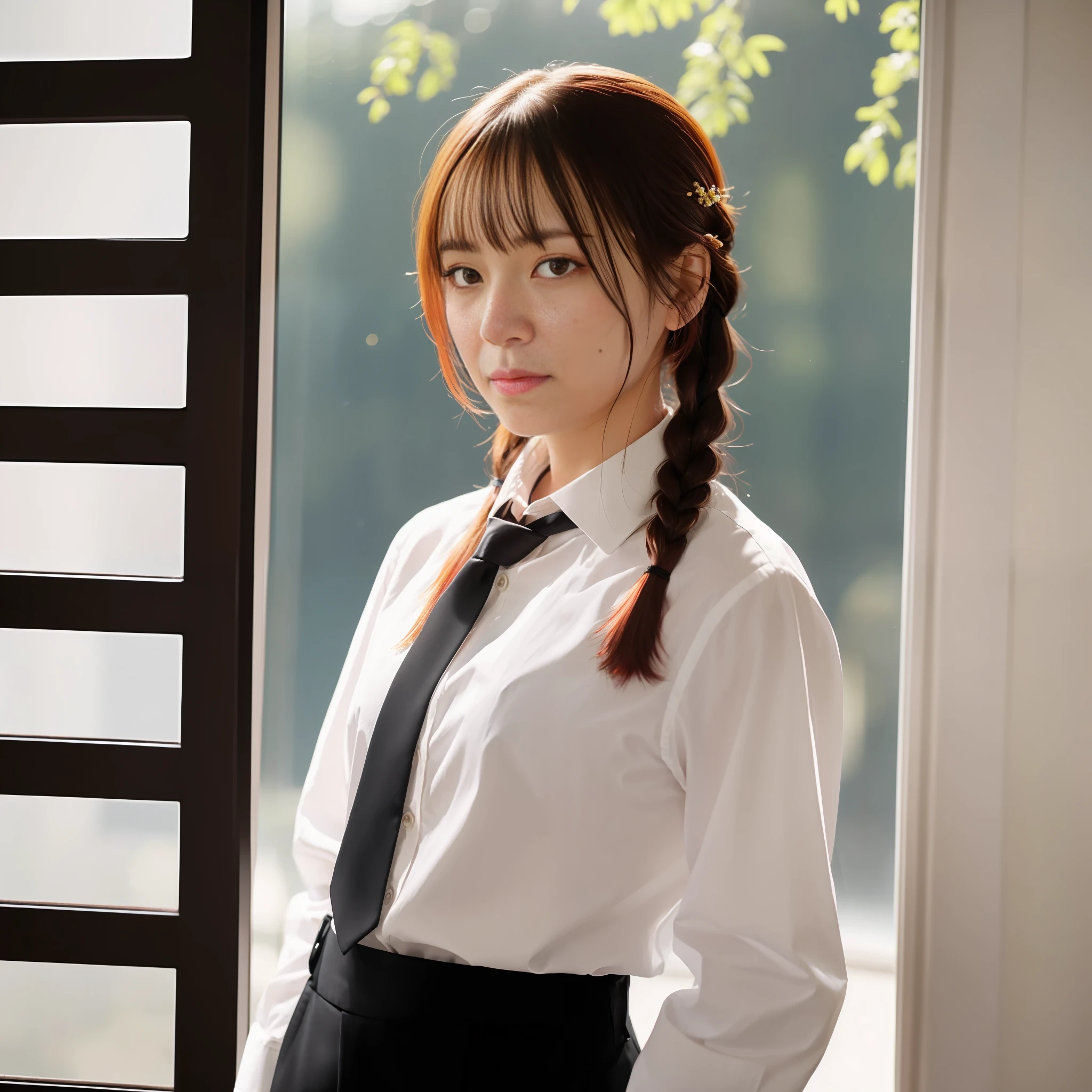 detailed shiny skin, (realistic, photo-realistic:1.4), a pretty girl, standing, looking out of window, white shirt, collared shirt, black necktie, black trousers, long sleeves, slight smile (nose blush), yellow eyes + ringed eyes, short hair + red hair + long braided hair, makima \(chainsaw man\)