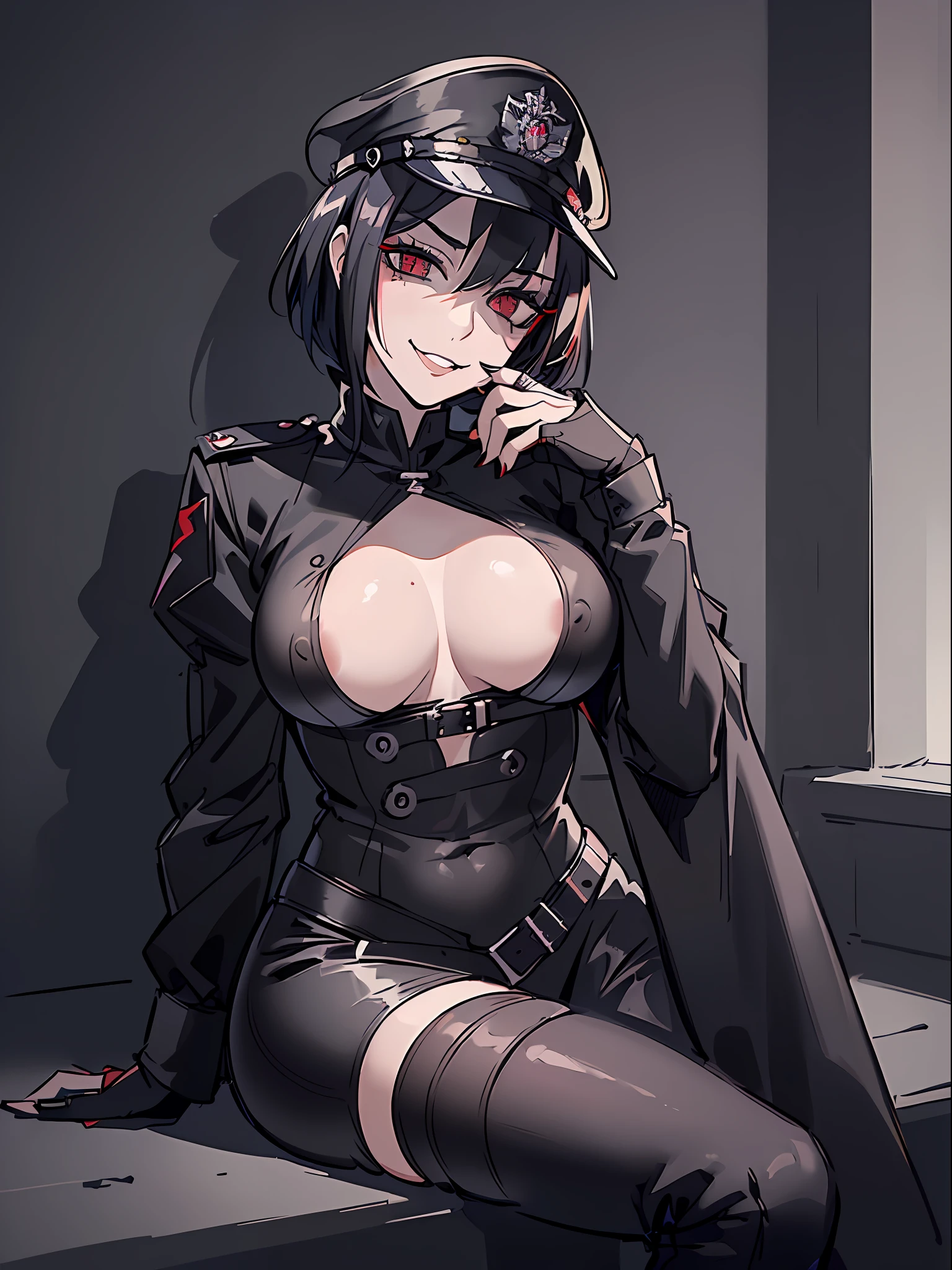 ((Masterpiece, top quality, super definition, ultra definition)), Solo, (Full body), ((27-year-old goth woman in black leather German official uniform)), ((wearing an army black leather hat)), ((Clear expression of body unevenness)), looking at the camera, (sitting with her back to the wall and bent knees), female body, breasts to show (nipple covered), ((nipple lozenges: 1.5), ((absurdly large breasts)), red eyes, ((black hair bob)), front zoom, horizontal seat, yandere, (strong makeup), constricted pupils, black pupils, dark, (detailed hands), ((tall woman)), ((sadistic smile)), sharp focus, dynamic angle, deep shadows, simple background