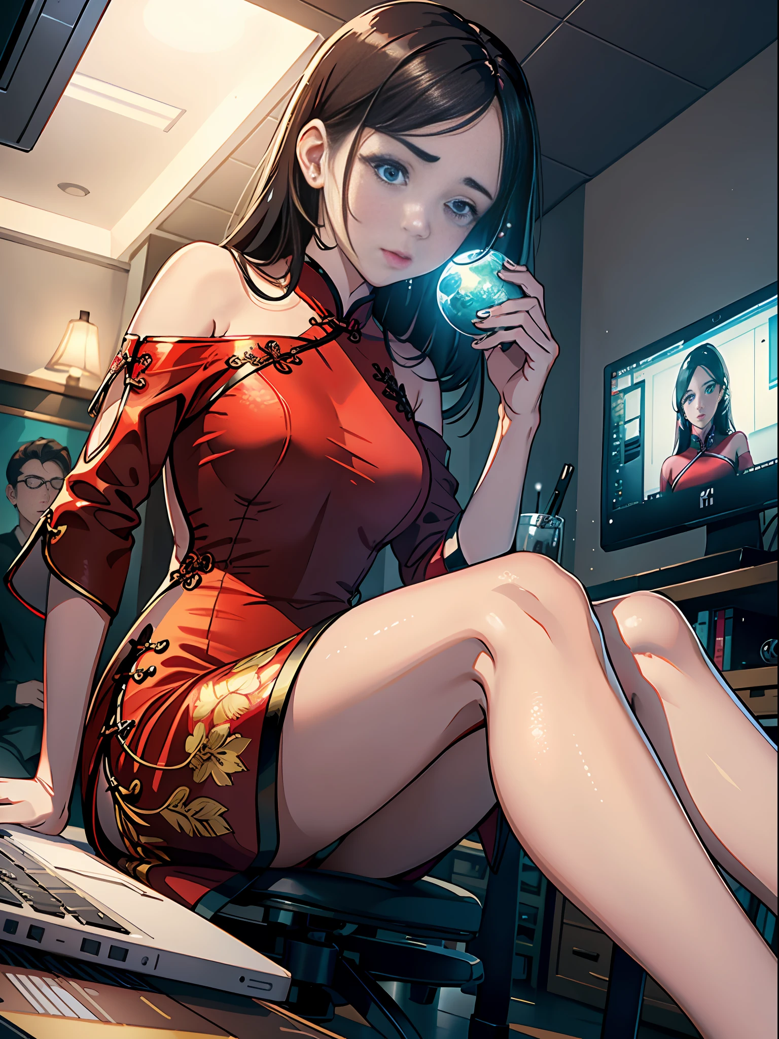 Woman who is reading and studying, young woman, computer in the room, mature appearance, willow eyebrows, big eyes, crying, tears, tears, tears on the face, sad, woman with delicate facial features, woman sitting at the computer desk live broadcast, detail portrayal, infinite detail, Tyndall effect, ultra definition, 8K, character tracing, ray tracing, modern woman, high appearance, beauty, intellectual beauty, sexy seduction, (((wearing red tight cheongsam))), (cosmopolitan beauty), (sexy), (seductive) (off-the-shoulder)