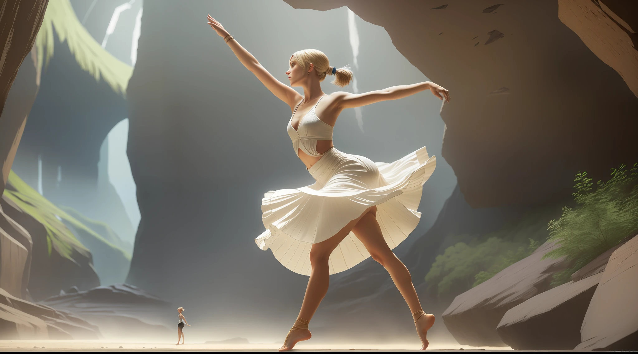 woman dancing barefoot, slave outfit, full body, illustration, color, bob haircut, barefoot, Jordan grimmer and Greg rutkowski, small breasts, blonde hair ponytail, cave background, watching berserker, hyperrealism, strong impressionist painting style, 1,618, elegant, ethereal, intricate, elaborate, hyper-realism, hyper-detailed, strong expressiveness and emotionality, cinematic lighting, visual clarity