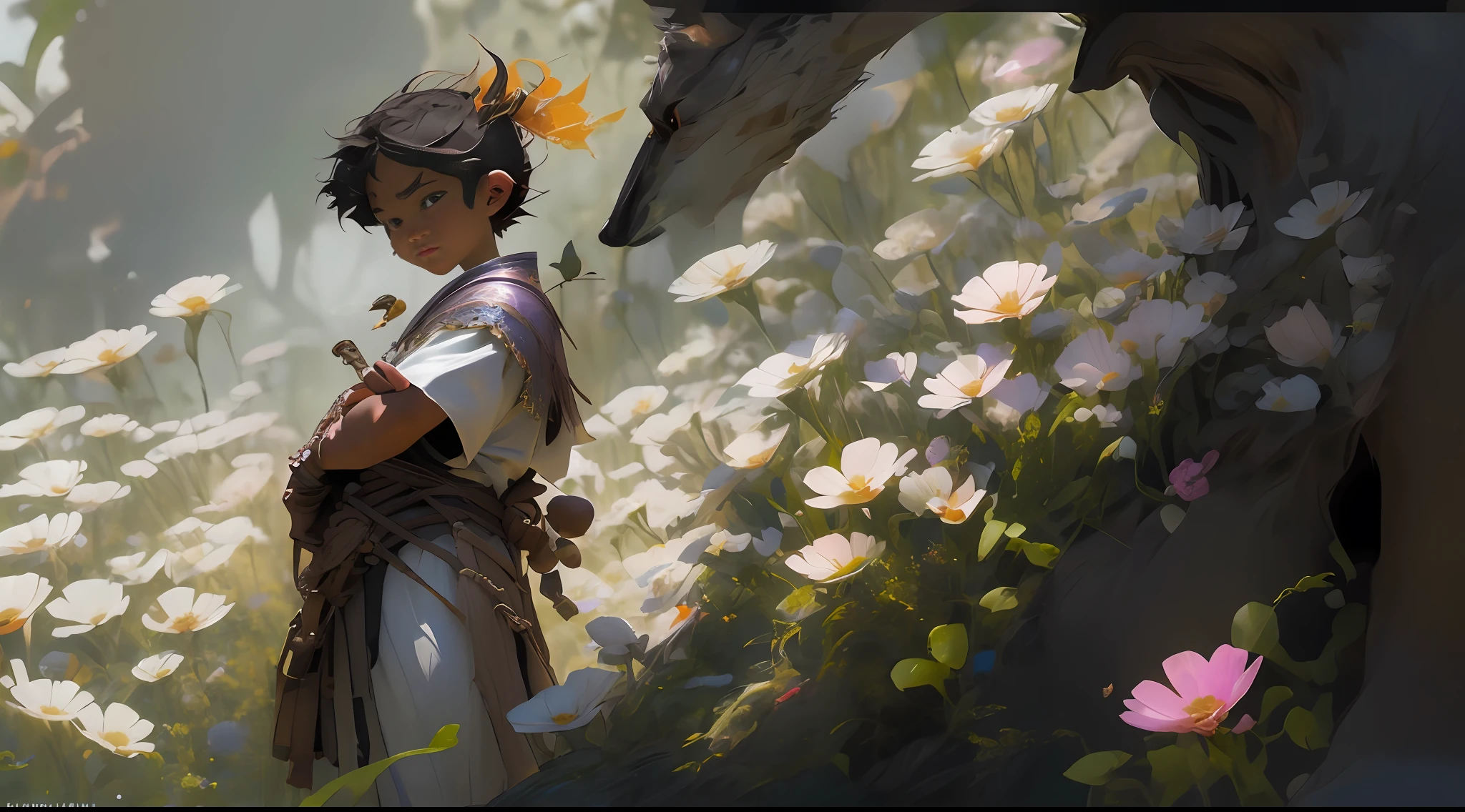 A 5 year old little boy in the flowers, little fox around the boy, atmospheric distance sense, full body picture, epic fantasy digital art style, epic fantasy art style HD, epic fantasy art style, detailed fantasy digital art, epic fantasy style art, epic beautiful character art, 4K fantasy art, 2. 5 D CGI anime fantasy artwork with boy wearing a flower on his head, photo of the most beautiful artwork in the world with a soft sheen, ((epic heroic fantasy, great location, majestic environment), full body 8k uniform rendering, action shot, skin pores, heavy shadows, detailed, detailed face, (vibrant, photo realistic, realistic, dramatic, dark, sharp focus, 8k), (Complex: 1.4), Decadence, (High Detail: 1.4), Digital Painting ArtStation, Concept Art, Smooth, Sharp Focus, Illustration, Artgerm Art, (Loish: 0.23), Wlop Ilya Kuvshinov, and Greg Rutkowski and Alphonse Mucha Gracias, (Global Illumination, Studio light, volumetric light), particle floating,