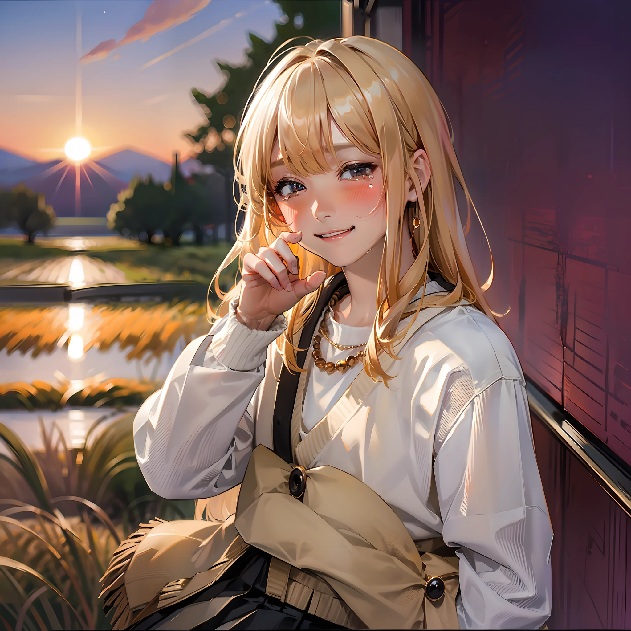 Best Quality, Best Masterpiece, 1 Woman, (((Solo))), from side, (Close Eyes: 1.4), (sad smile crying: 1.4), show teeth, Looking at the camera, blonde, brown cardigan, black loafers, checked skirt, blushing, (Rice field at dusk: 1.3), big sunset, orange view, small necklace, (((hide fingers))),