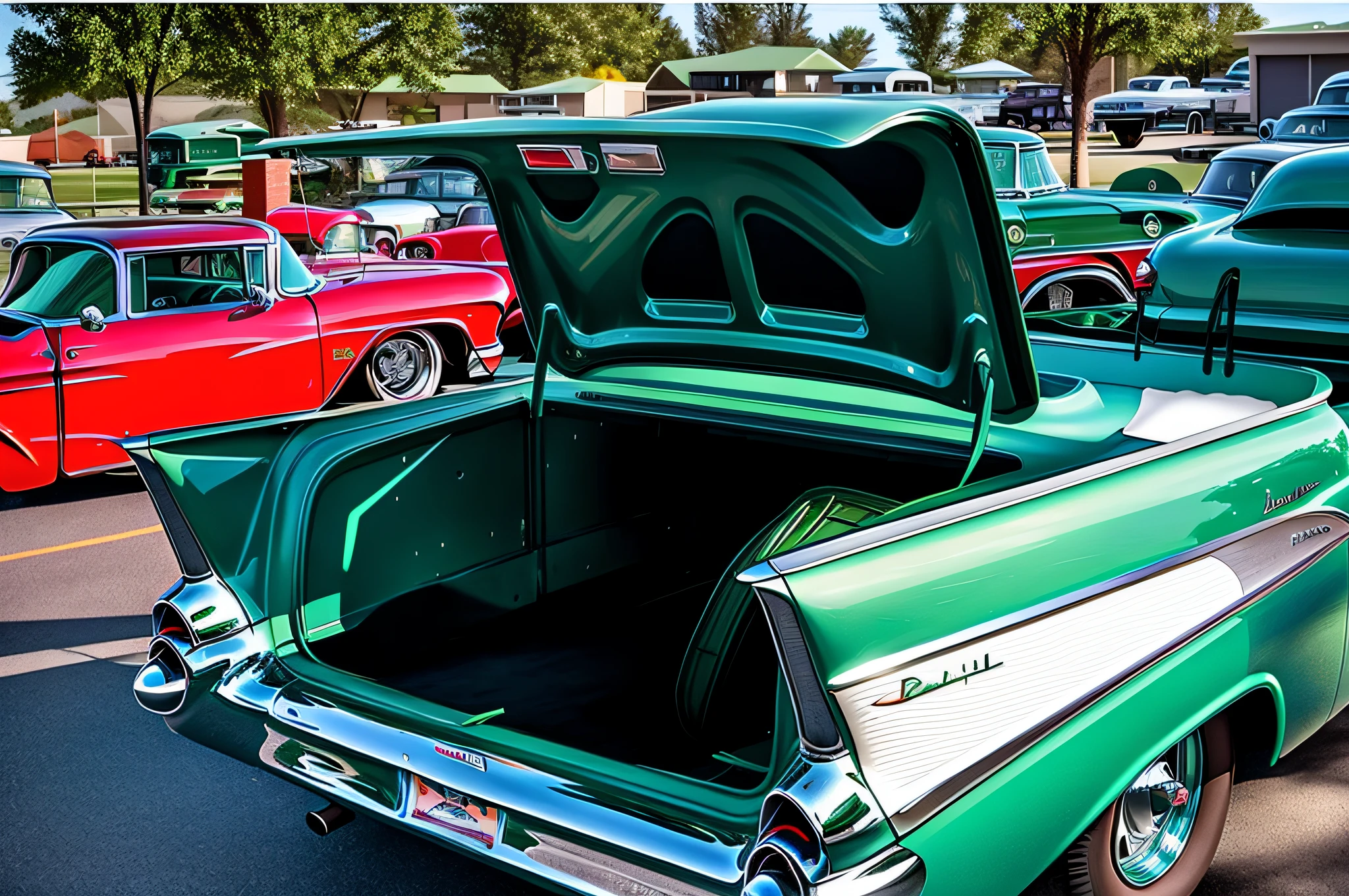 there is a green truck with its hood open in a parking lot, 1957 chevrolet bel air, tail fin, by Dave Melvin, classic cars, crisp details, subtle detailing, subtle details, rear-shot, green pickup car, back - shot, tail lights, classic car, backfacing, prize winning color photo, nostalgic feeling, lit from behind