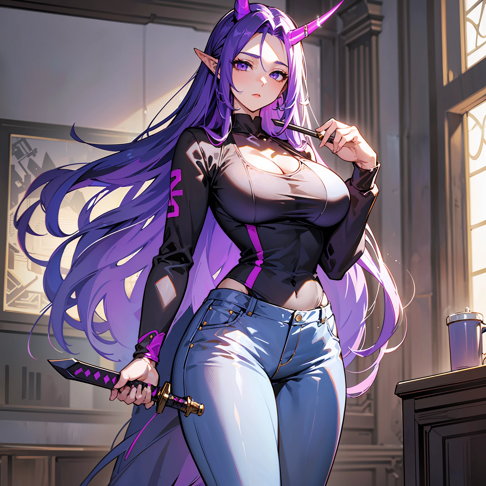 master-piece, hyper quality, hyper detailed, perfect drawing, CG, 3D, 8k, illustration, solo, tall beautiful girl with one horn (1.5) from forehead, long purple hair, big breasts slimming (B95cm, T180cm), purple pantsuit (business suit), wearing a tank top in a jacket, Skinny pants, holding a huge sword about the height of his hand in his hand, dignified face, hanging eyes but cute, pointed ears,