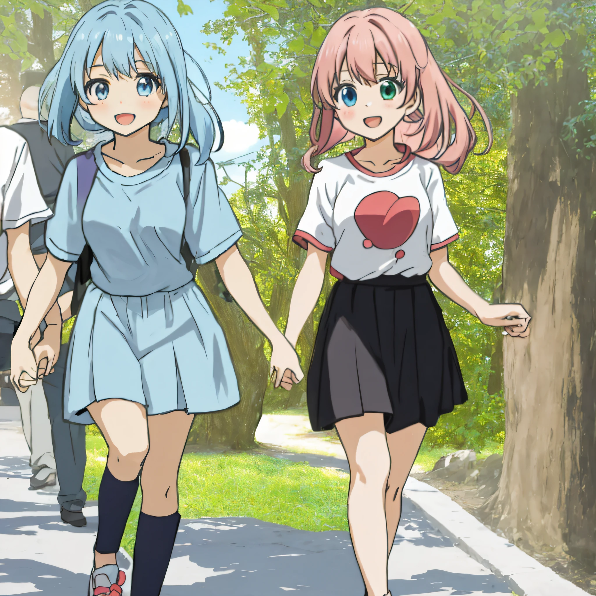 Anime illustration in the style of "Kyoto Animation", best quality, (cute: 1.1), (cute), (high resolution: 1.2), incredibly ridiculous: 1.3, incredibly detailed illustration, 2girls, twin sisters, (heterochromia, light blue eyes and light green eyes), silhouette of star eyes, walking figure, happy, :d, princess eyes, big, park, walking, holding hands, T-shirts, skirts