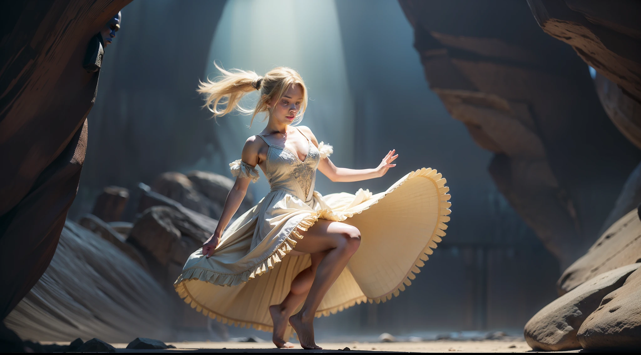 woman dancing barefoot, slave outfit, full body, illustration, color, bob haircut, barefoot, Jordan grimmer and Greg rutkowski, small breasts, blonde hair ponytail, cave background, watching berserker, hyperrealism, strong impressionist painting style, 1,618, elegant, ethereal, intricate, elaborate, hyper-realism, hyper-detailed, strong expressiveness and emotionality, cinematic lighting, visual clarity