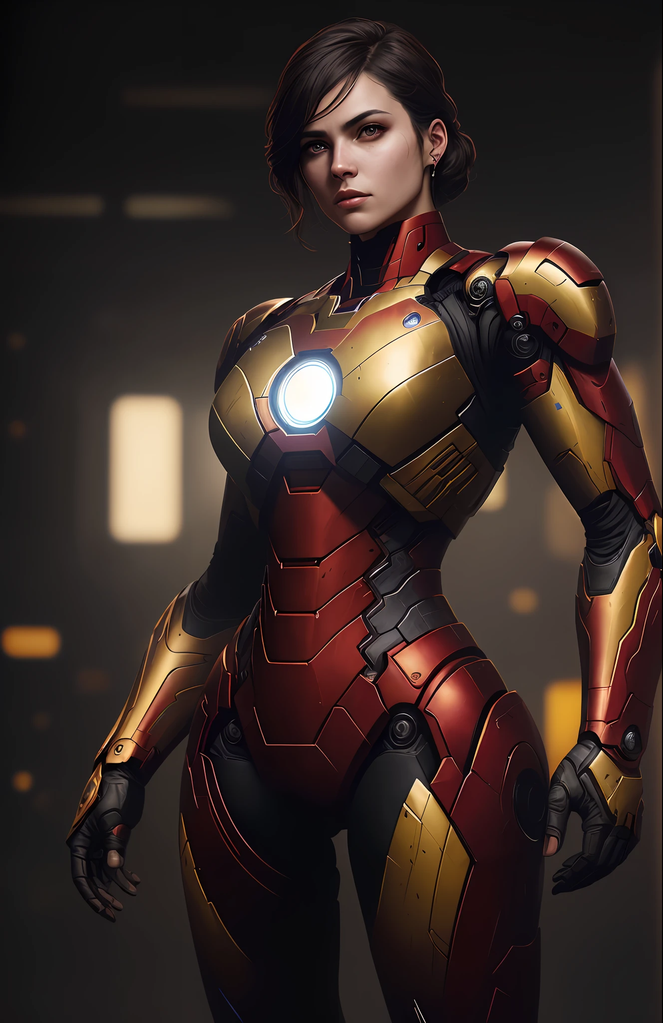 (dark shot: 1.1), epic realistic, Woman dressed as Iron Man from Marvel, yellow gradient, black, brown and purple color scheme, grunge aesthetic!!! graffiti tag wall background, art by Greg Rutkowski and artgerm, soft cinematic light, Adobe Lightroom, darkroom, HDR, intricate, highly detailed, (depth of field: 1.4), faded, (neutral colors: 1.2), (hdr: 1.4), (muted colors: 1.2), hyper-detail (artstation: 1.4), cinematic, warm light, dramatic light (complex details: 1.1)
