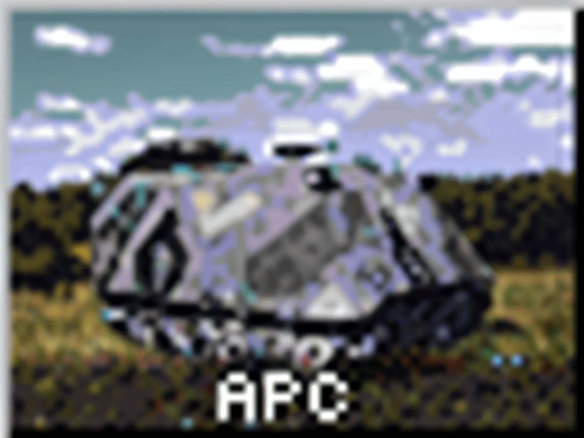 a close up of a picture of a tank in a field, jpeg artifacting, arc, ufo, retro pc graphics, 2 5 6 x 2 5 6 pixels, [ scifi, /r/pixelart, afofuturism, crashed ufo, snes graphics, old 3d graphics, ascii art, an armored core on the ground, jpeg artifact --auto --s2