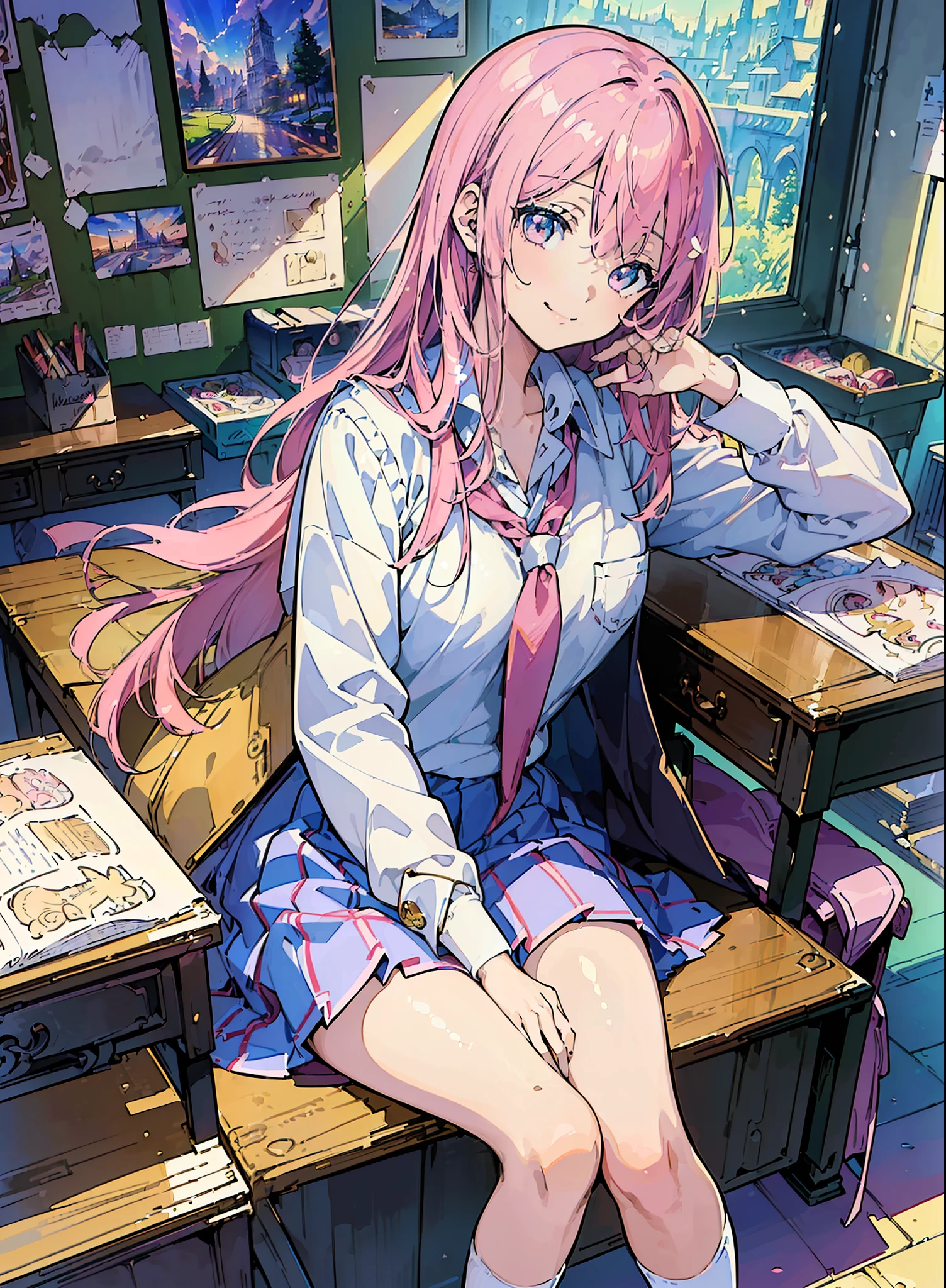 (masterpiece, top quality, best quality, beautiful illustration,official art,anime illustration, beautiful and aesthetic,1Girl,:1.5),beautiful face, pink twitail hair,(wearing school uniform:1.5),smiling,chatting with friends,lunch with friends,having fun,masterpiece background school, classroom, ground, students