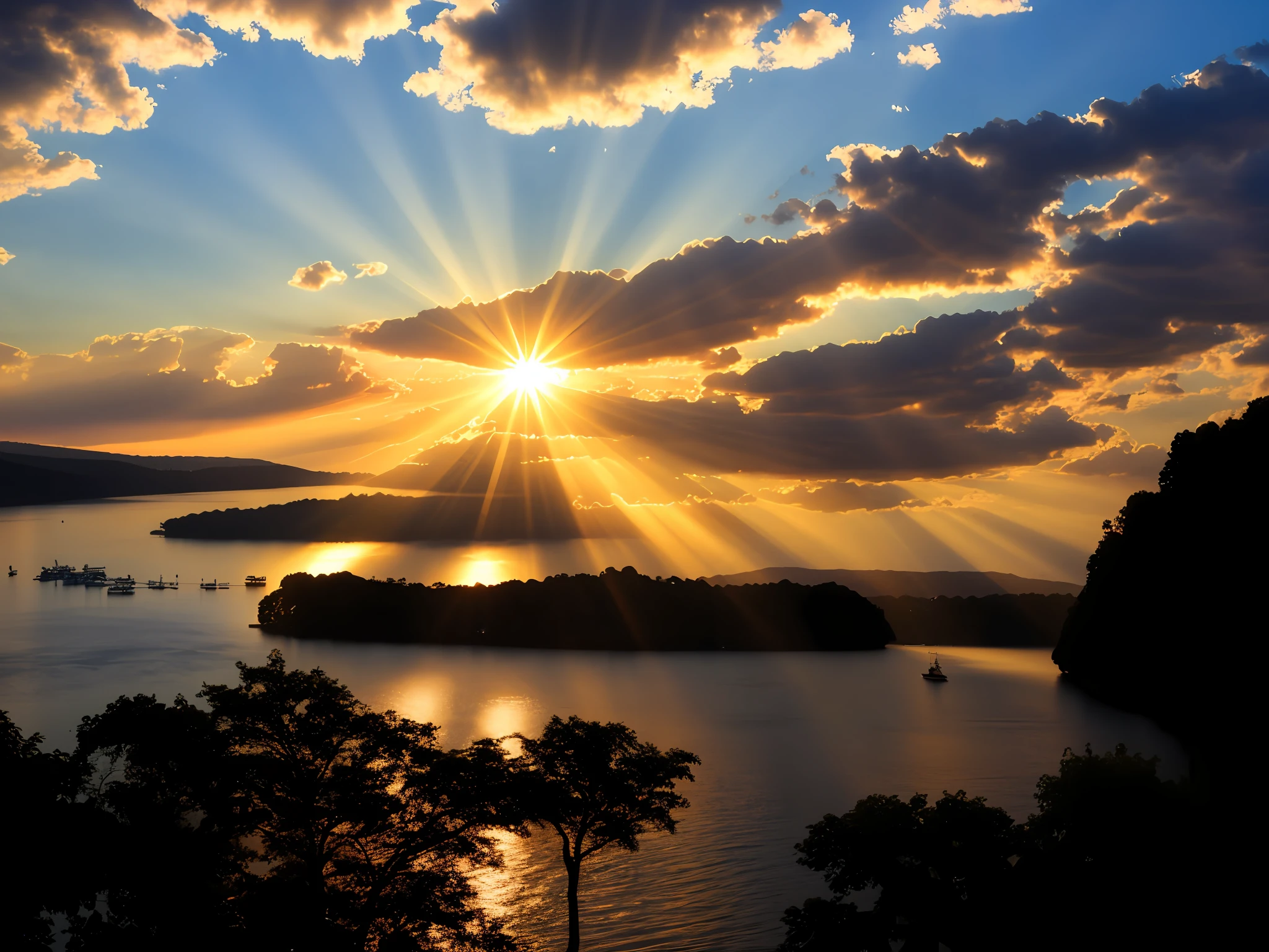 arafed view of a lake with boats and a sunset in the background, sunrays from the left, sunbeams at sunset, crepuscular ray, crepuscular rays, scarce sun rays peaking, sunlight reflected on the river, rays of life, sunrays shine upon it, suns rays, cerpuscular rays, sun rays at sunset