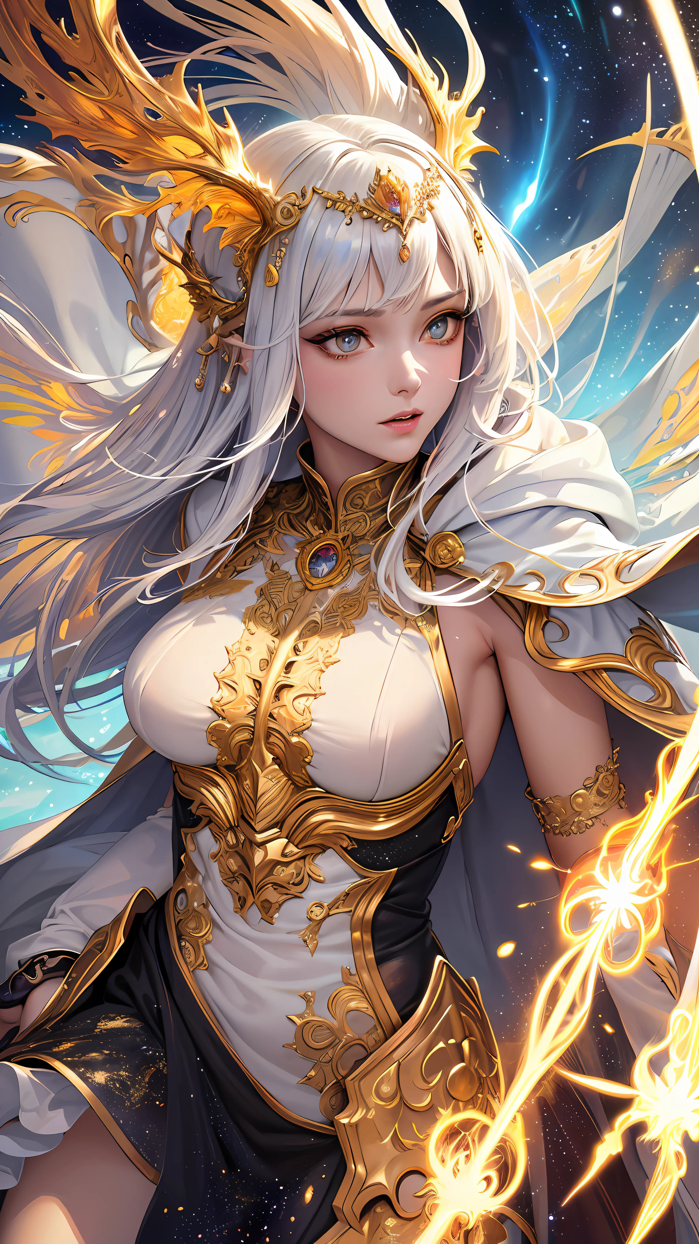 (masterpiece, top quality, best quality, official art, beautiful and aesthetic:1.2), (1girl), extreme detailed eyes, (fractal art:1.3), colorful, highest detailed, (perfect face), shiny skin, HDR, (white cloak golden lines:1.2), galaxy, (light streaks), striking visuals, (dynamic streaks, luminous trails:1.2), vibrant colors, (phoenix), (dragon)
