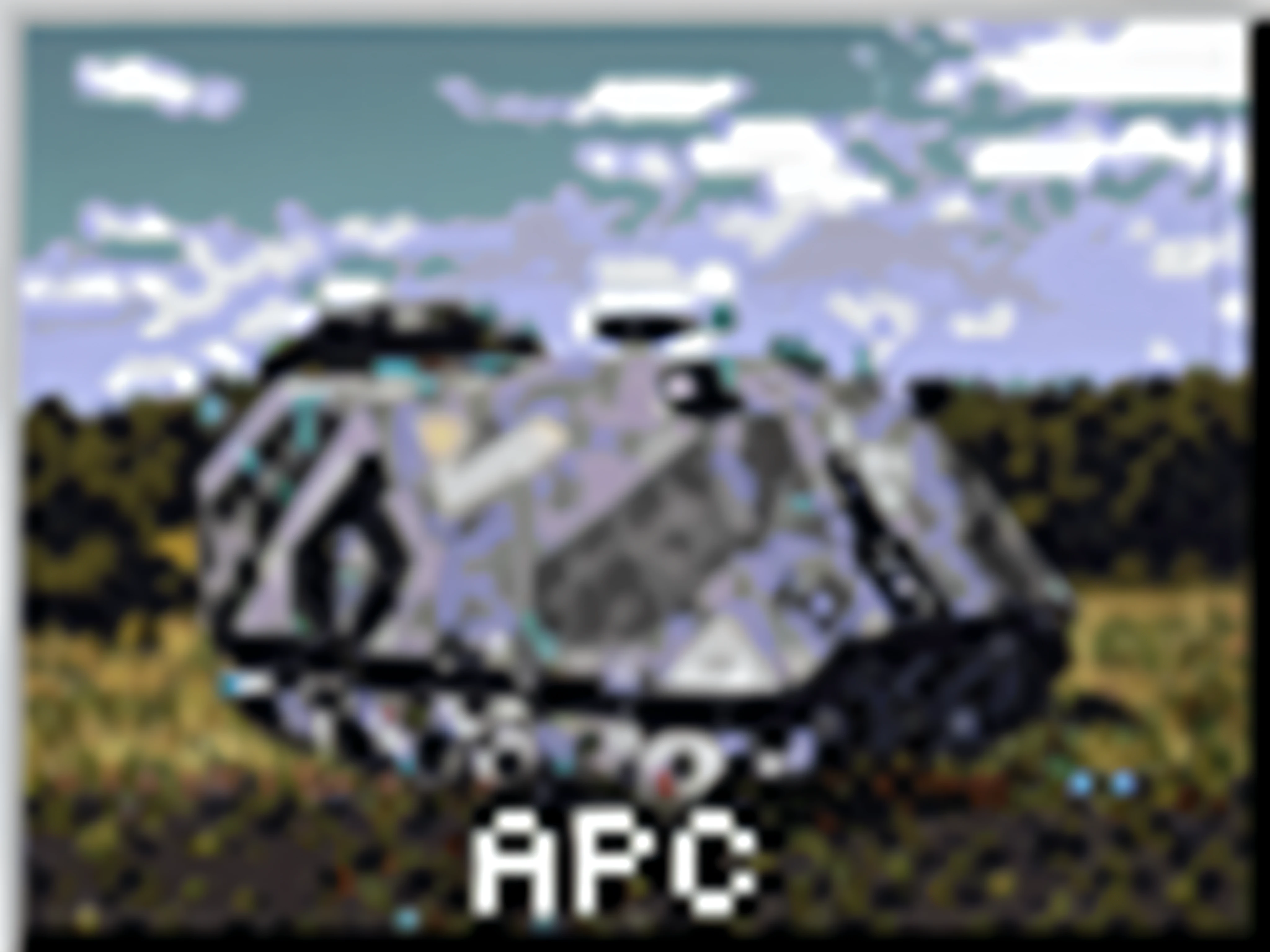 a close up of a picture of a tank in a field, jpeg artifacting, arc, ufo, retro pc graphics, 2 5 6 x 2 5 6 pixels, [ scifi, /r/pixelart, afofuturism, crashed ufo, snes graphics, old 3d graphics, ascii art, an armored core on the ground, jpeg artifact --auto --s2