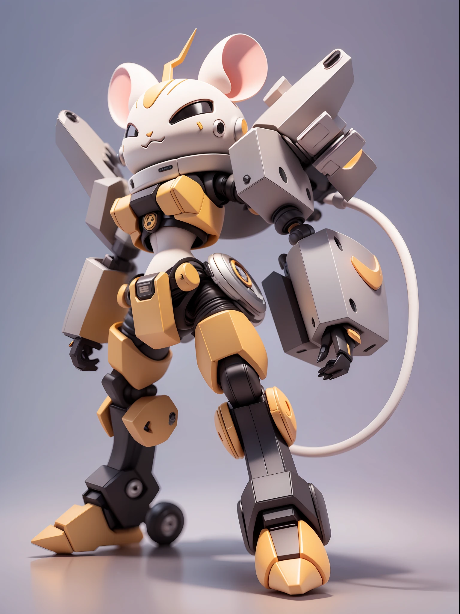 (Mechanical Mouse: 1.331), (Mouse Nose), (Mechanical Mouse Tail), (Mouse Beard), Cute Style, Small, Big Head, 3D Rendering, ((Q Version)), Pokémon Style, Machine Style, Cinematic Texture, Figure, Pokémon, Movie Lights, Heavy Robotic Arm, Mechanical Belly, Mechanical Legs, Mechanical Feet, Mechanical Sense, Background Surround Lightning, Lightning, Cool, Clean White Background, Ray Tracing, Quality Colors, Full Body 3D Model, Action, Fashion Blind Box Toys. (fill body:1.2),chibi