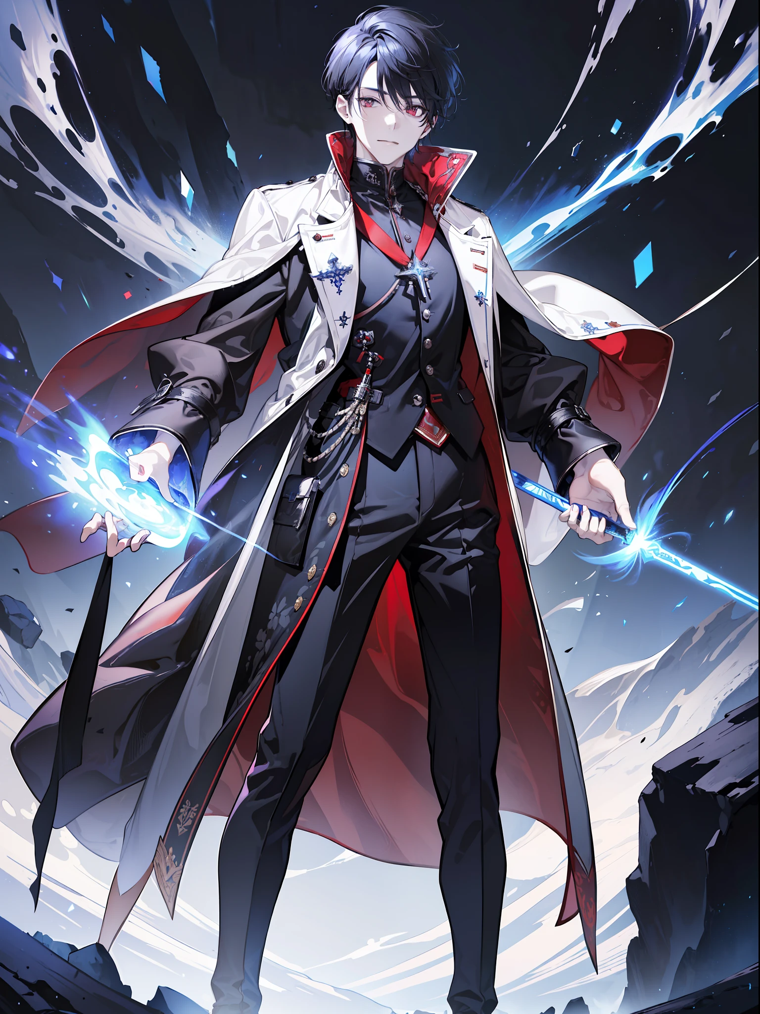 (absurd, high resolution), (panorama), a man, very handsome, noble, red eyes, short hair, black hair, smile, white clothes, black trench coat, black trousers, black boots, (hands white magic streamer), medieval wind, magic bloom, (blue magic array under the feet), ancient wind, soul ring, exaggeration, flame, lightning