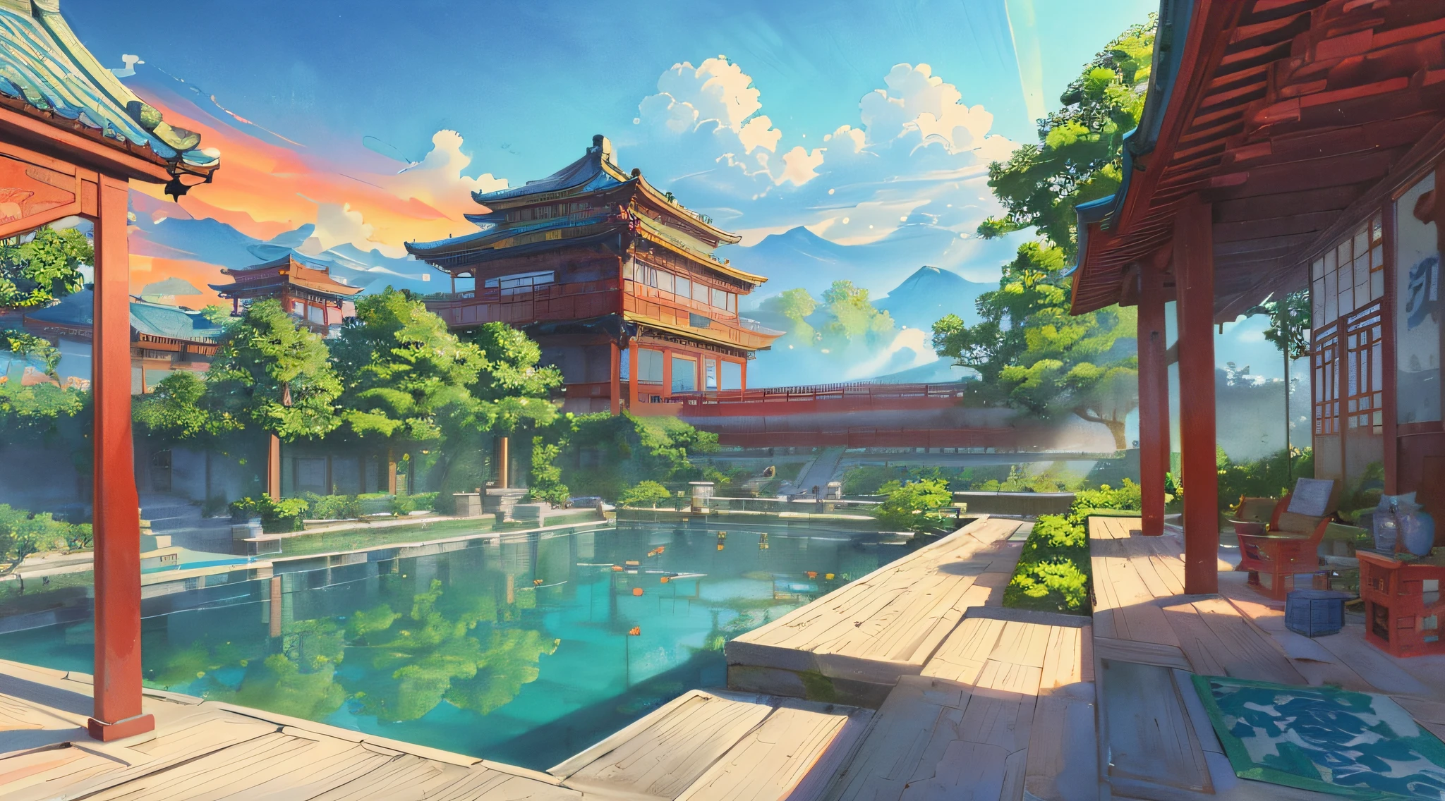 Game scene, ancient Chinese palace is located above the clouds, clouds and mist, majestic, glazed tiles, colorful light, (((splashed ink)), ((splashed ink}), masterpiece, high quality, exquisite graphics, high detail. Solitaire, Mahjong.