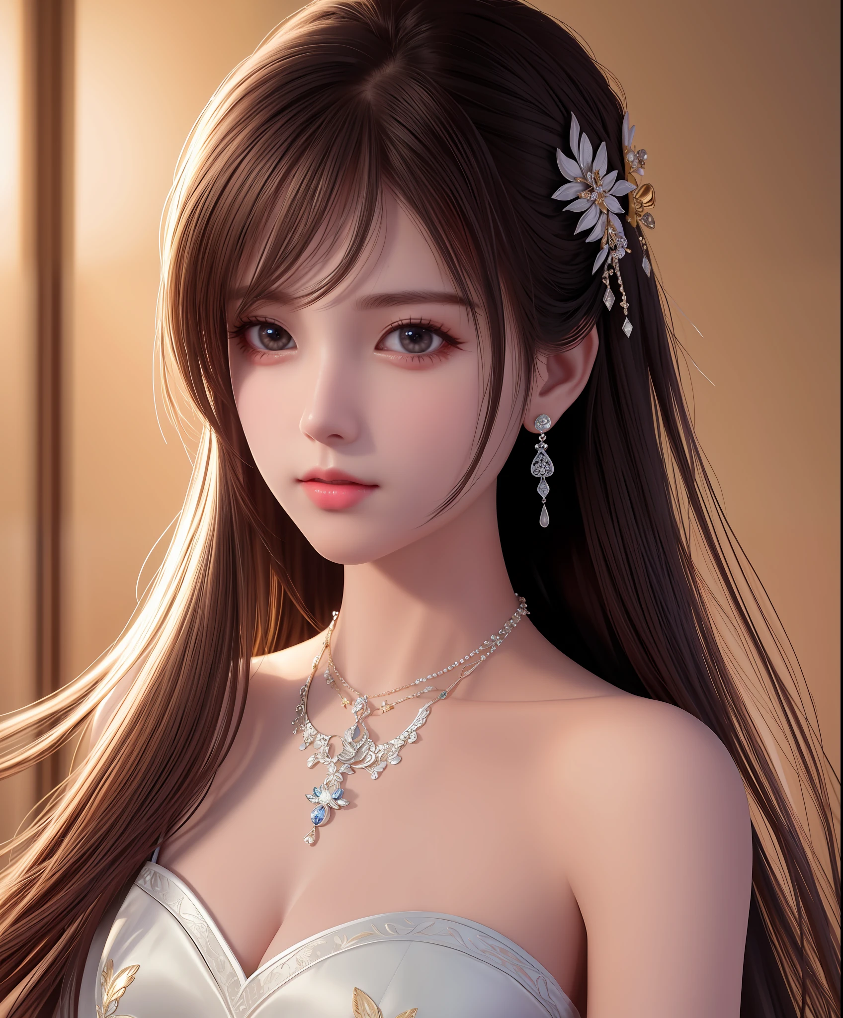 Best quality, masterpiece, high resolution, 1girl, porcelain dress, hair accessories, necklace, jewelry, beautiful face, on the body, Tyndall effect, realistic, dark studio, edge lighting, two-tone lighting, (high detail skin: 1.2), 8k UHD, dslr, soft light, high quality, volumetric light, candid, photo, high resolution, 4k, 8k, background blur,
