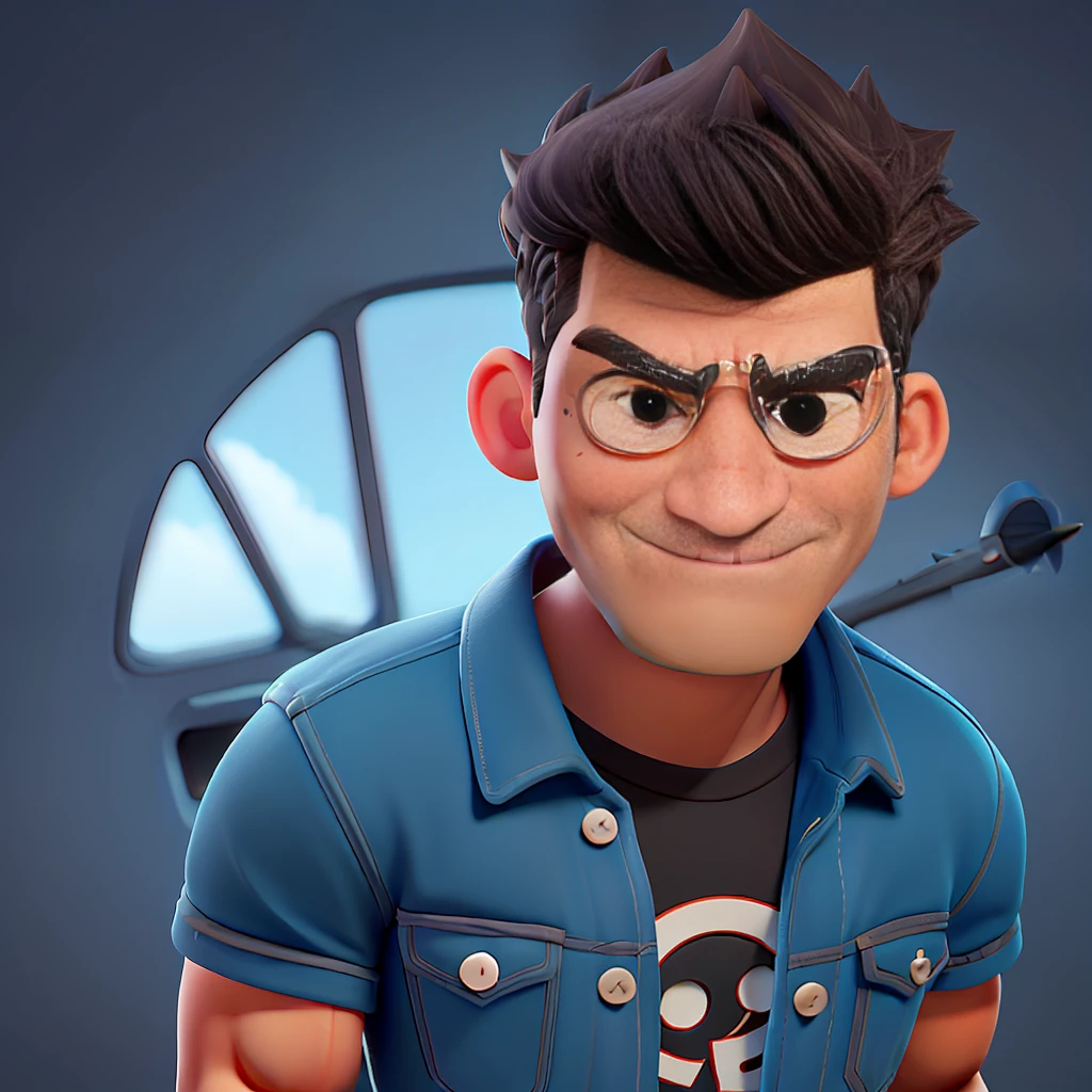 Cute and adorable cartoon man ,fit, 44-years-old, short airplane hair, super short hair,Killer eye, front-facing, casual wear ,muscular , angry mood,fit, Wear dark blue jeans and black running shoes,full body view, Toy figures, fantasy, dreamlike, surrealism, super cute, trending on artstation