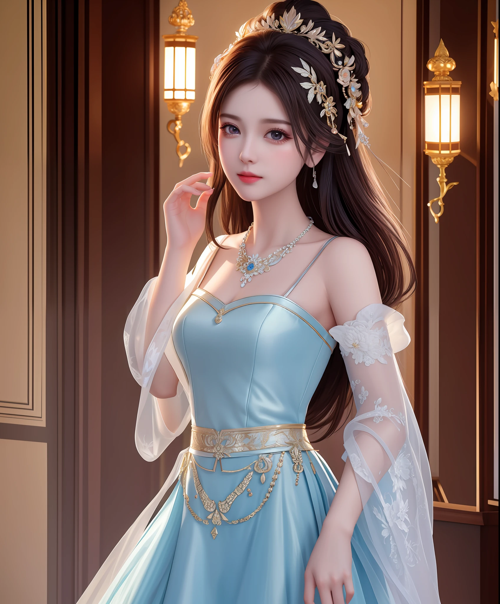 Best quality, masterpiece, high resolution, 1girl, porcelain dress, hair accessories, necklace, jewelry, beautiful face, on the body, Tyndall effect, realistic, dark studio, edge lighting, two-tone lighting, (high detail skin: 1.2), 8k UHD, dslr, soft light, high quality, volumetric light, candid, photo, high resolution, 4k, 8k, background blur,