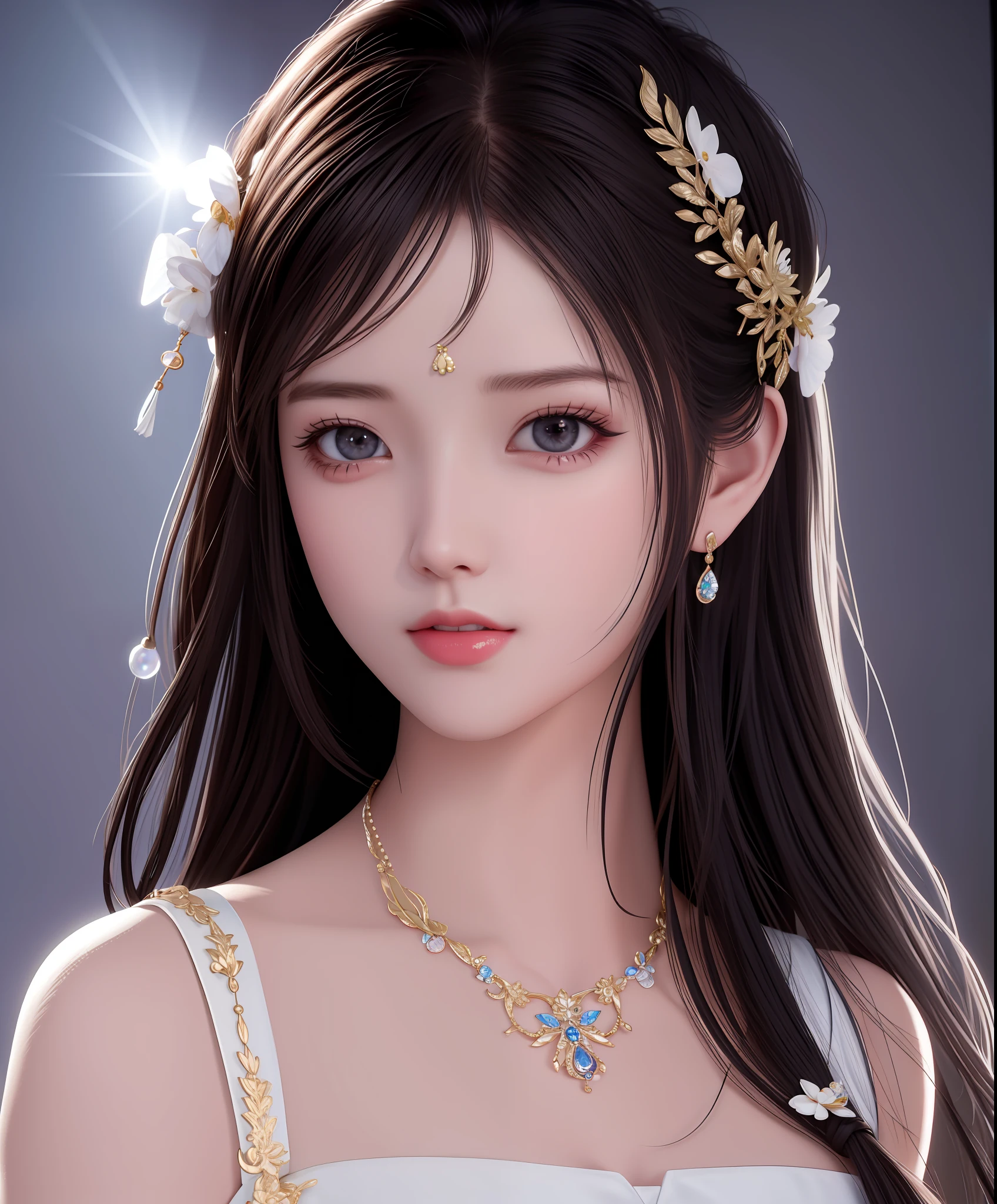 Best quality, masterpiece, high resolution, 1girl, porcelain dress, hair accessories, necklace, jewelry, beautiful face, on the body, Tyndall effect, realistic, dark studio, edge lighting, two-tone lighting, (high detail skin: 1.2), 8k UHD, dslr, soft light, high quality, volumetric light, candid, photo, high resolution, 4k, 8k, background blur,