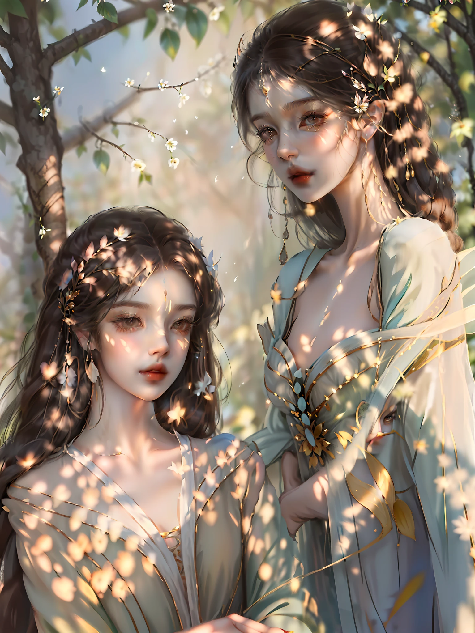 (8K masterpiece, high detail good picture quality, perfect light and shadow, delicate beauty: 1.2, dynamic shooting, beautiful garden, natural light, brown eyes, delicate facial features, long eyelashes, gentle eyes, flower hair ornaments, tree shadow embellishment, fluttering hair, fluttering flowers)